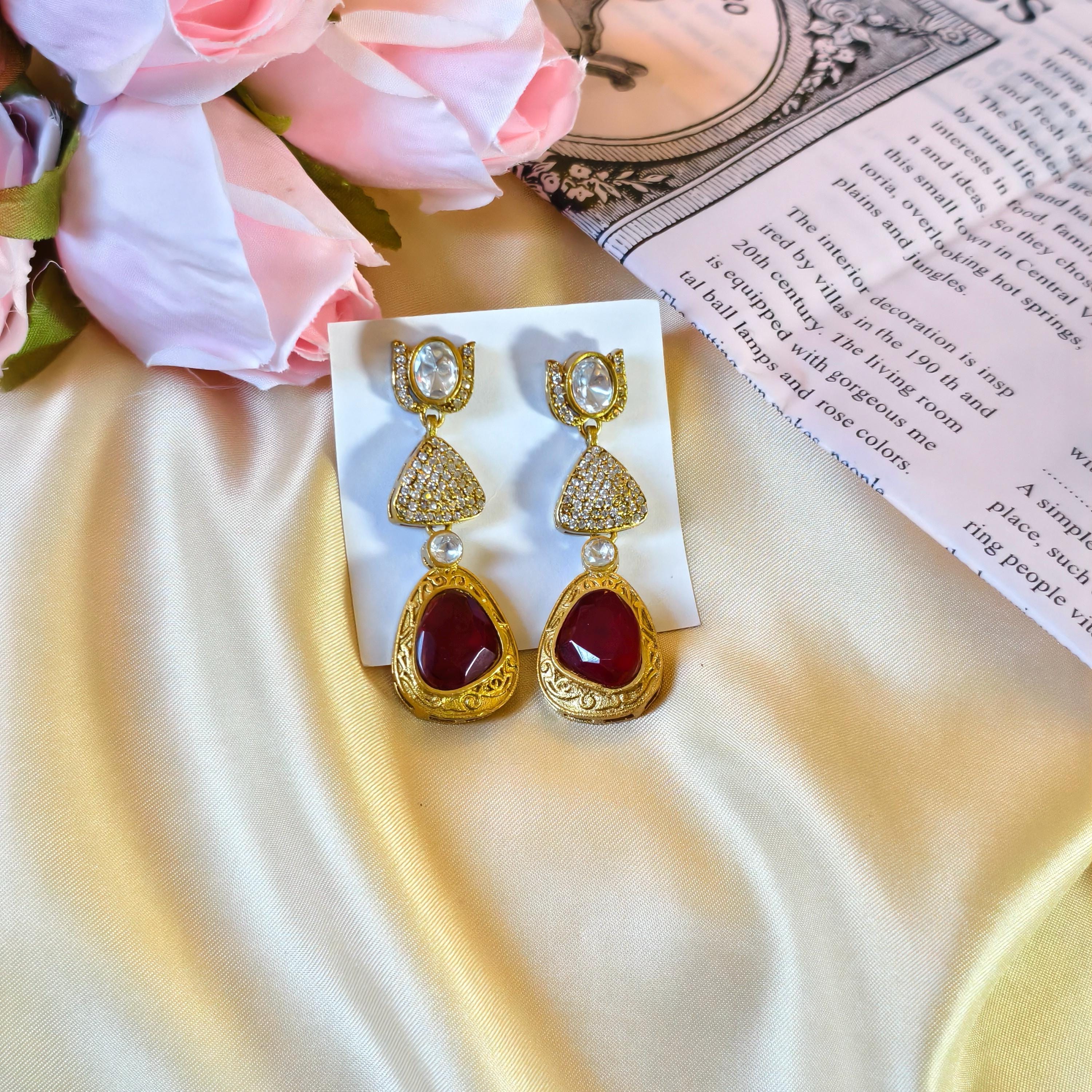 Sabyasachi Inspired Red Polki Kundan Drop Earrings, Victorian Bridal Jewelry
