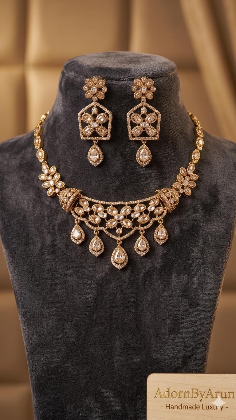 White Kundan Gold Floral Necklace Set, Indian Bridal Jewelry, Teardrop Drops