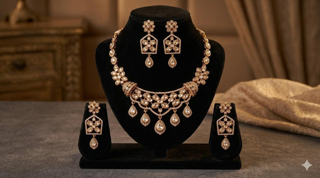 White Kundan Gold Floral Necklace Set, Indian Bridal Jewelry, Teardrop Drops