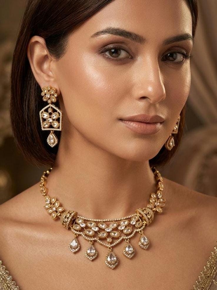 White Kundan Gold Floral Necklace Set, Indian Bridal Jewelry, Teardrop Drops
