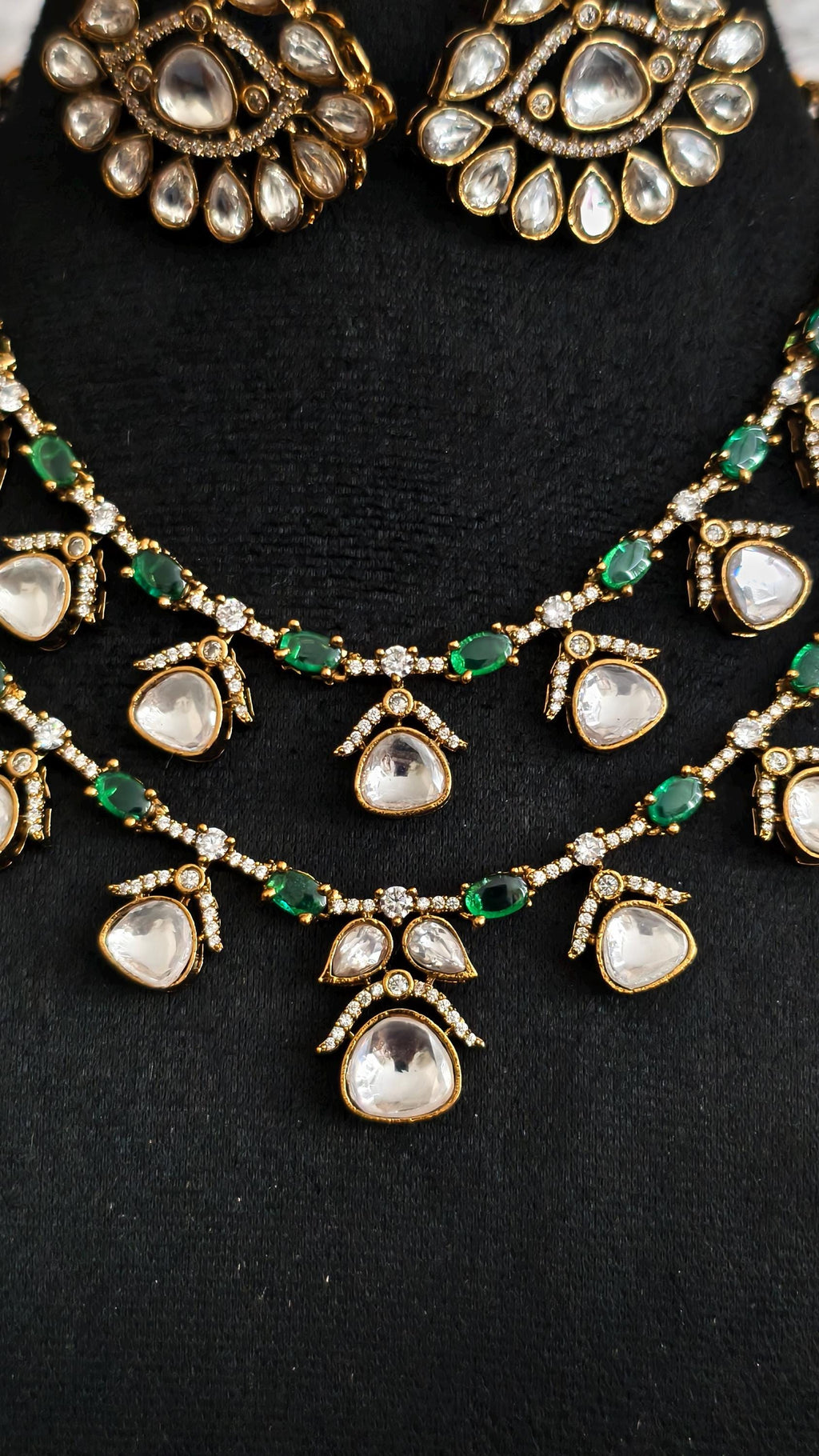 Layered Moissanite Polki Jadau Necklace Set with Emerald Accents | Victorian Bridal Jewelry