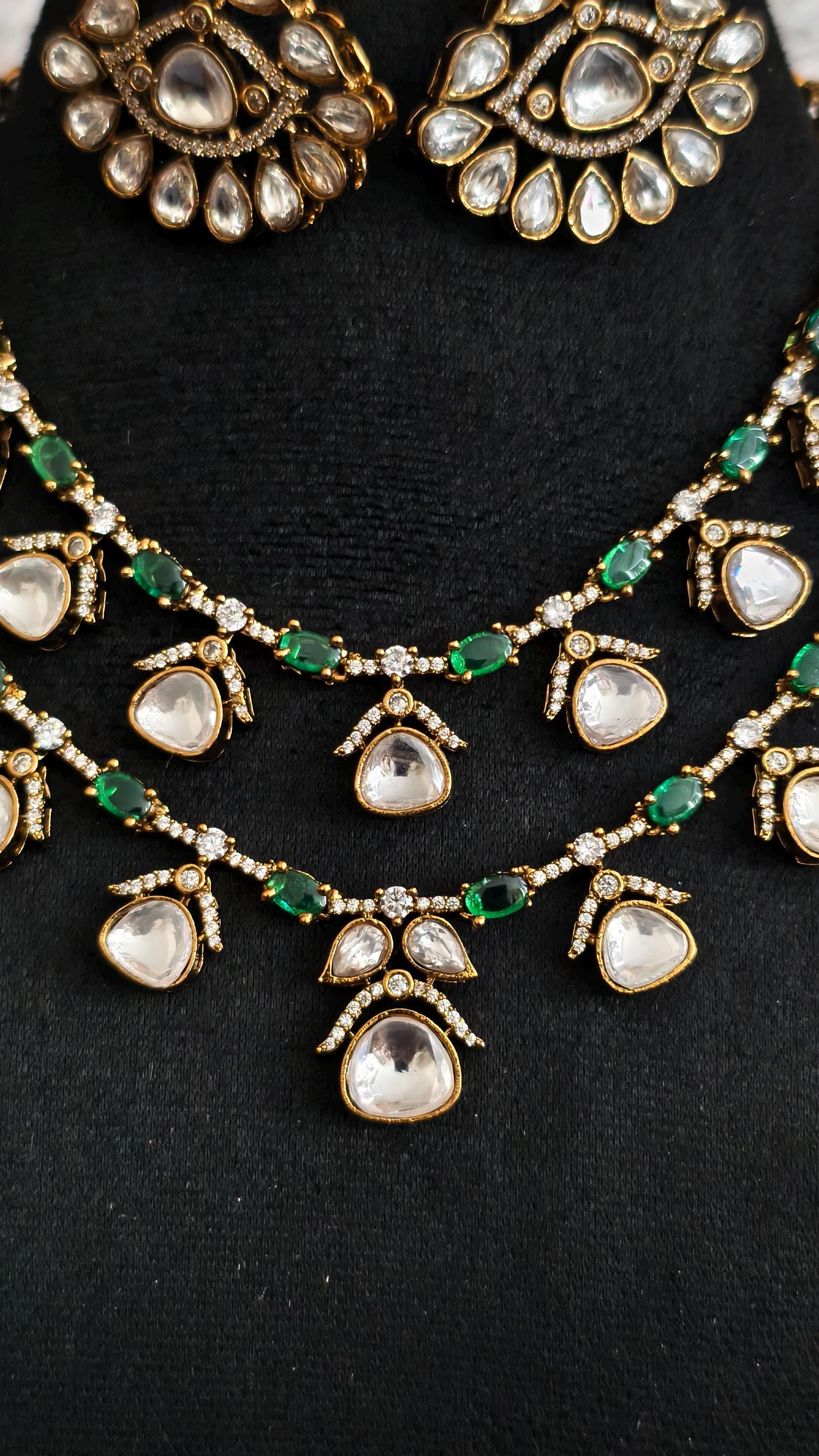 Layered Moissanite Polki Jadau Necklace Set with Emerald Accents | Victorian Bridal Jewelry