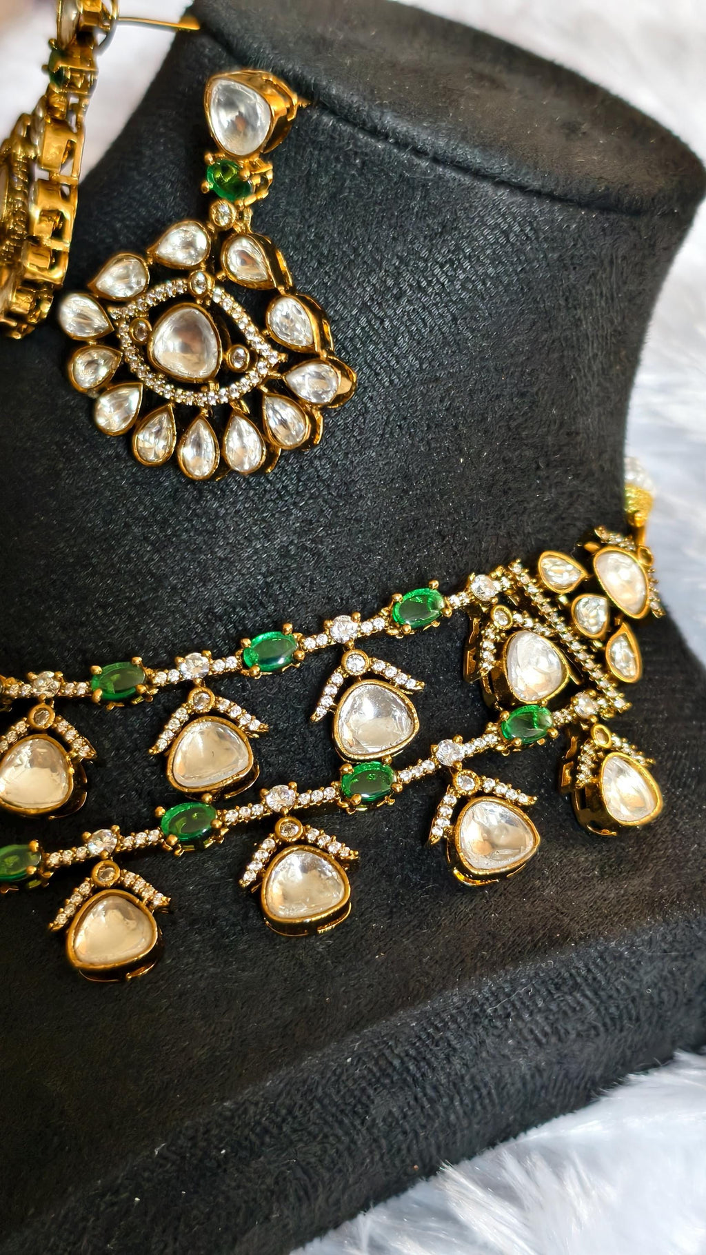 Layered Moissanite Polki Jadau Necklace Set with Emerald Accents | Victorian Bridal Jewelry