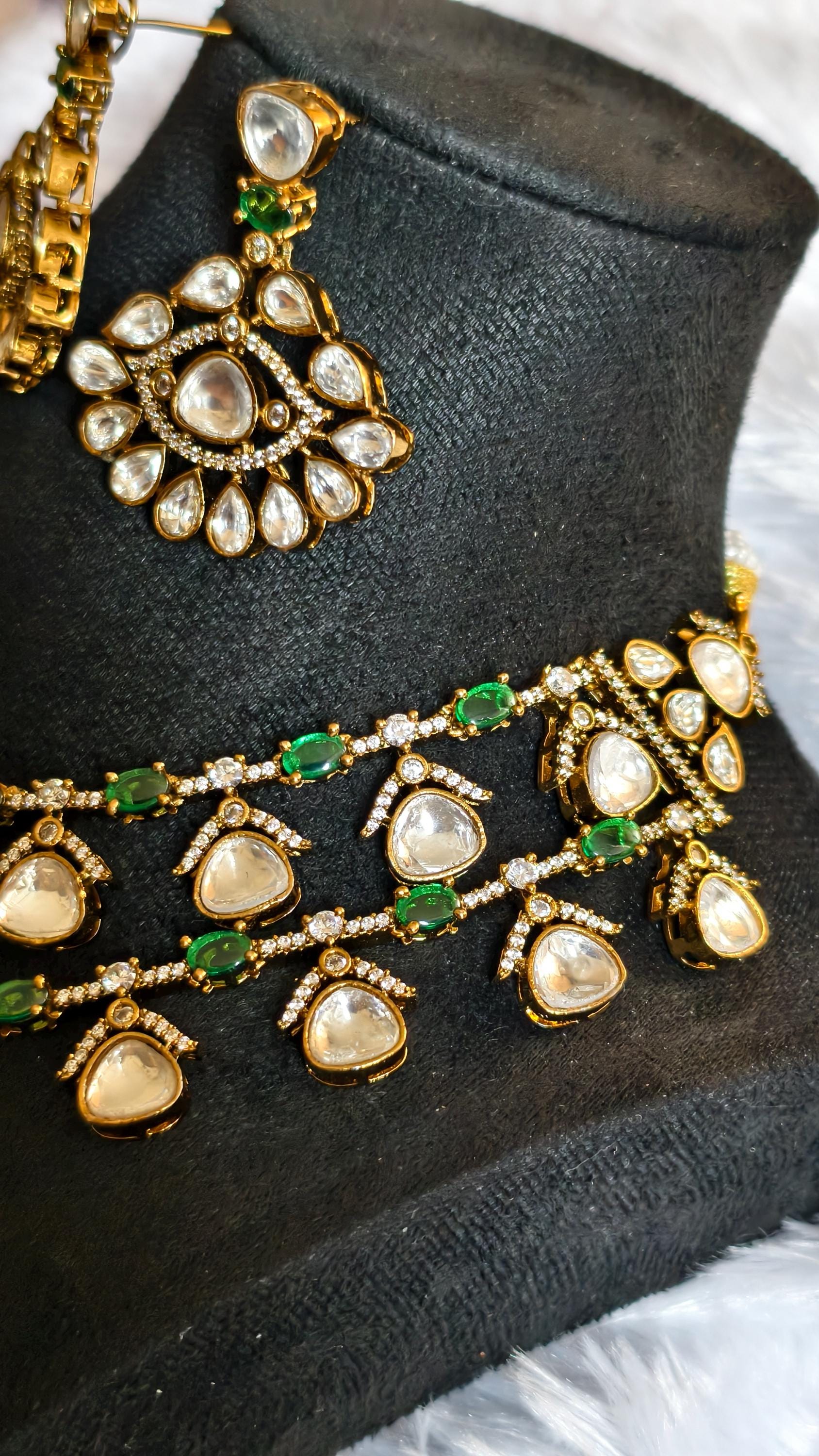 Layered Moissanite Polki Jadau Necklace Set with Emerald Accents | Victorian Bridal Jewelry