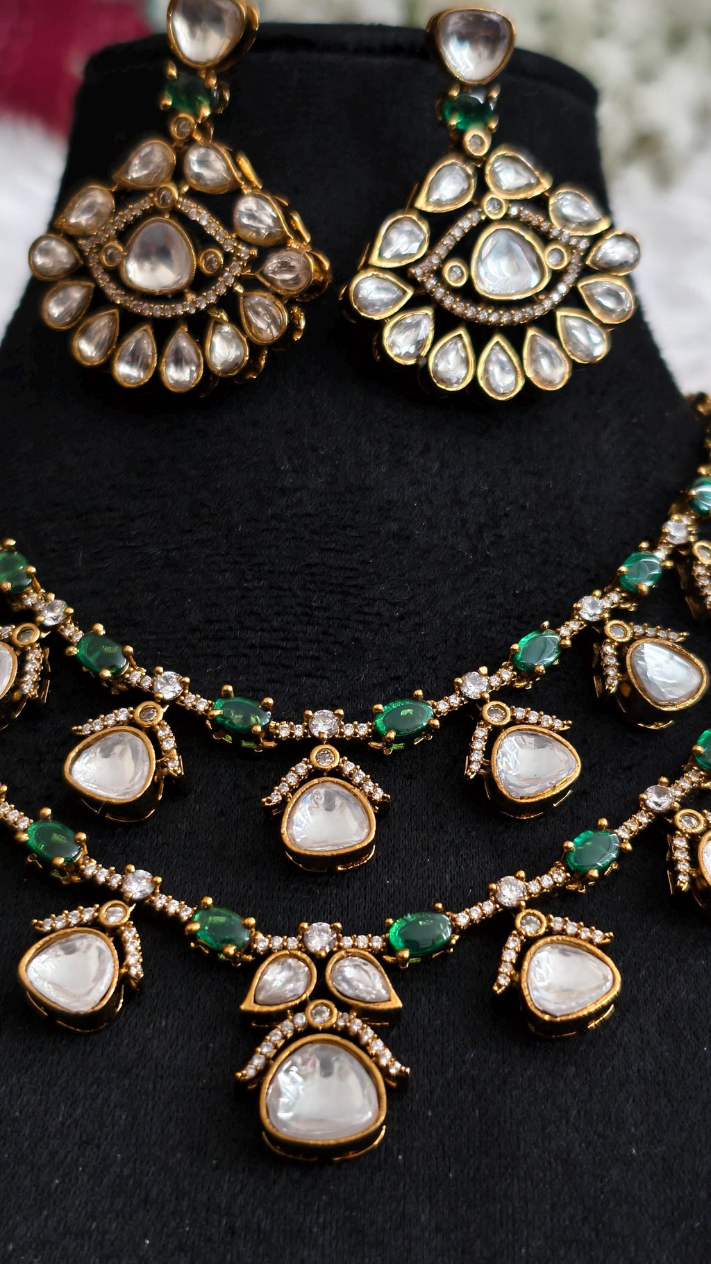 Layered Moissanite Polki Jadau Necklace Set with Emerald Accents | Victorian Bridal Jewelry