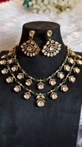Layered Moissanite Polki Jadau Necklace Set with Emerald Accents | Victorian Bridal Jewelry