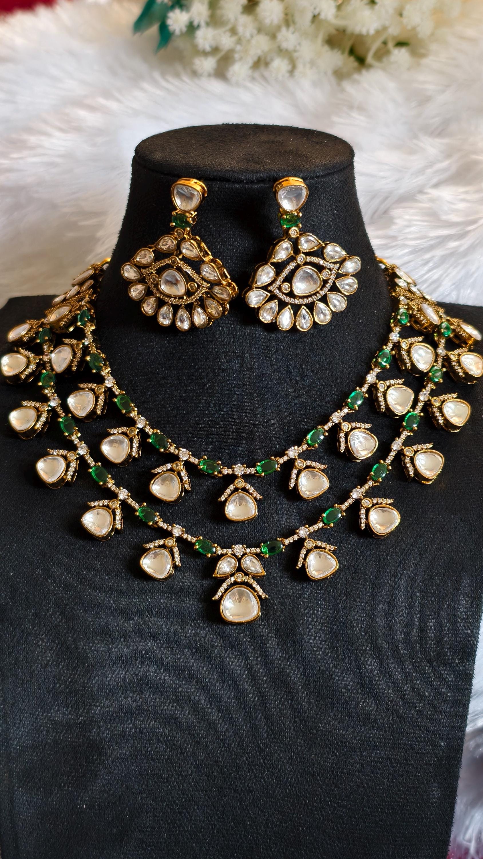 Layered Moissanite Polki Jadau Necklace Set with Emerald Accents | Victorian Bridal Jewelry