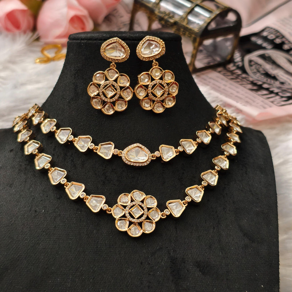 Tyani Inspired Kundan Necklace Set | Floral Chandbali Earrings, Uncut Polki Jewelry
