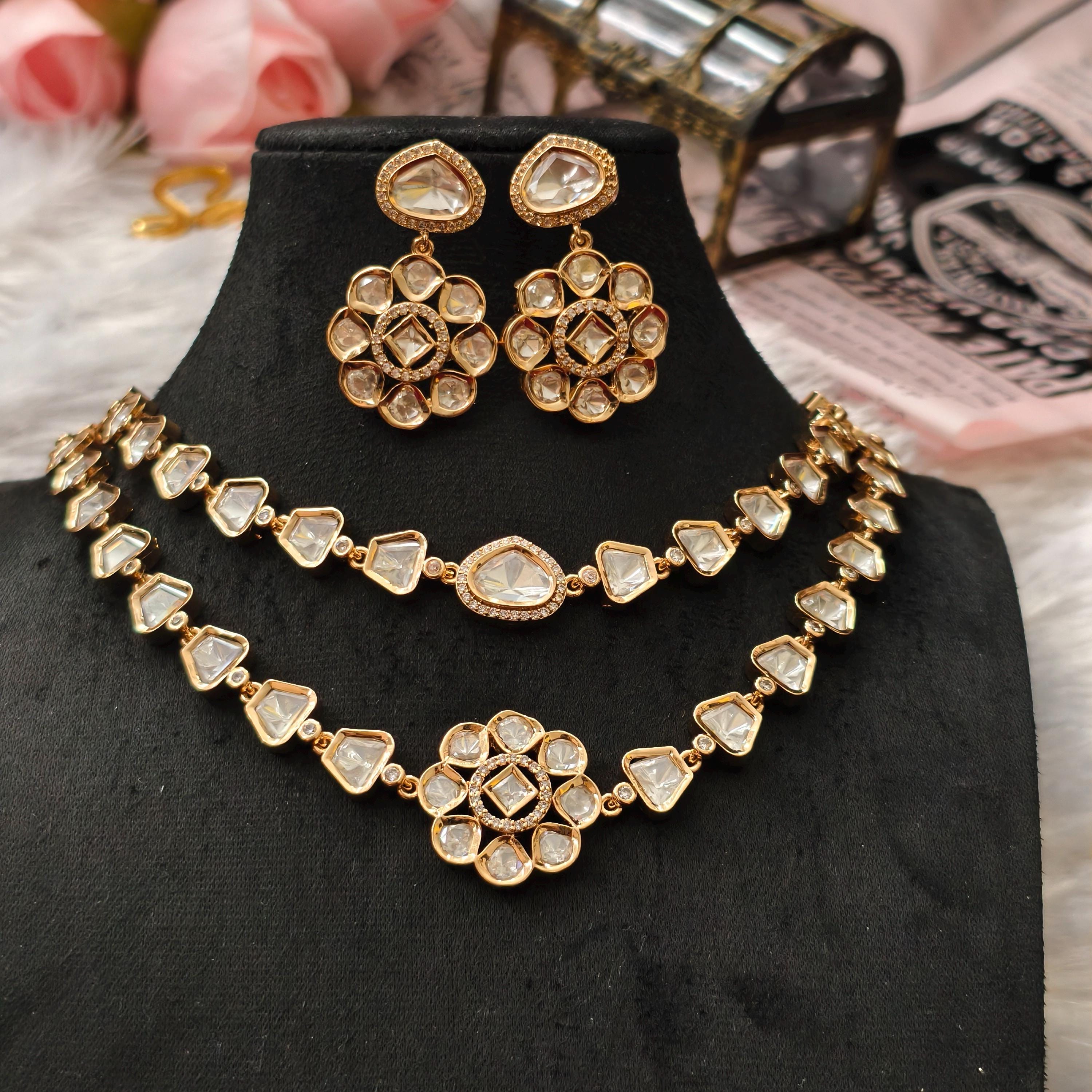 Tyani Inspired Kundan Necklace Set | Floral Chandbali Earrings, Uncut Polki Jewelry