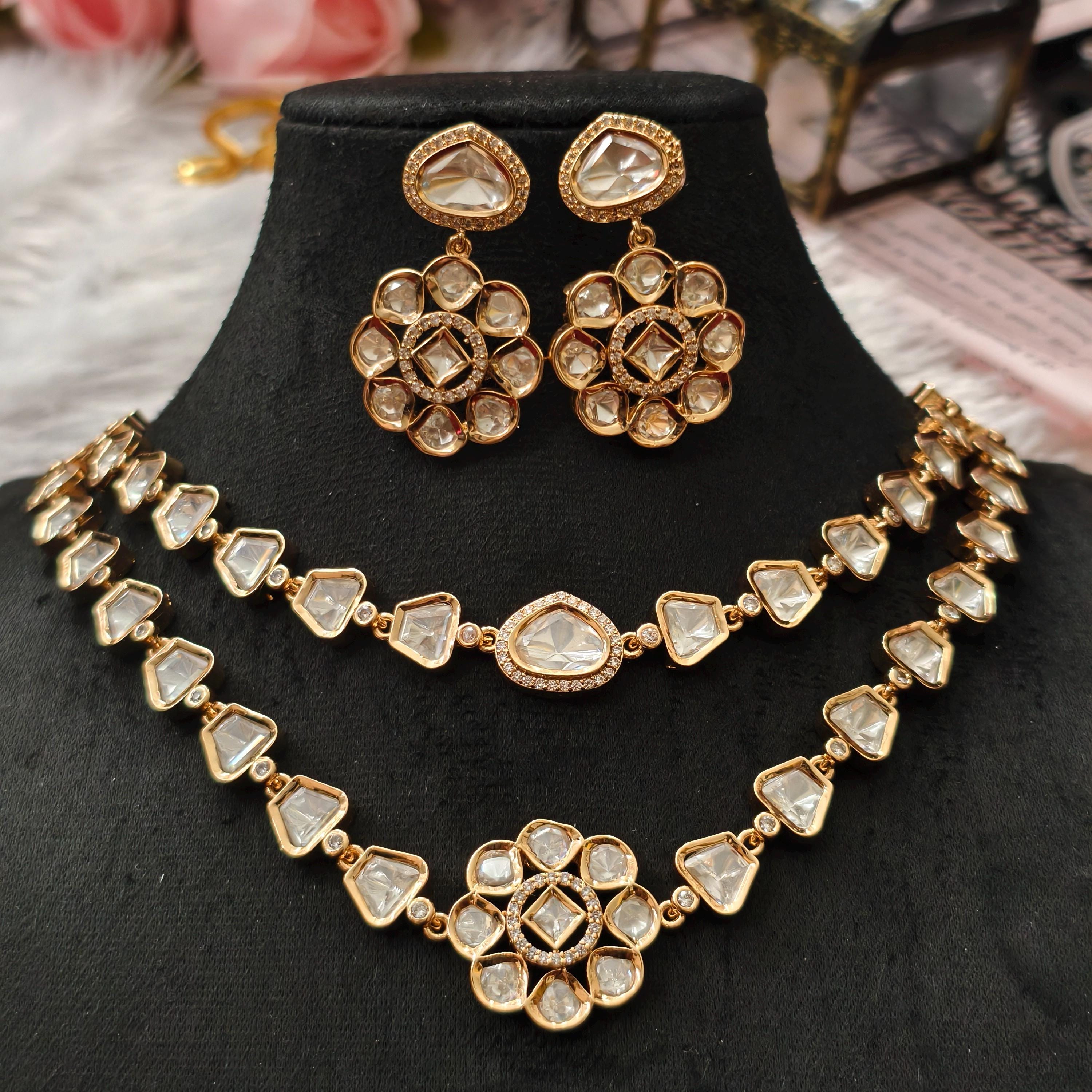 Tyani Inspired Kundan Necklace Set | Floral Chandbali Earrings, Uncut Polki Jewelry