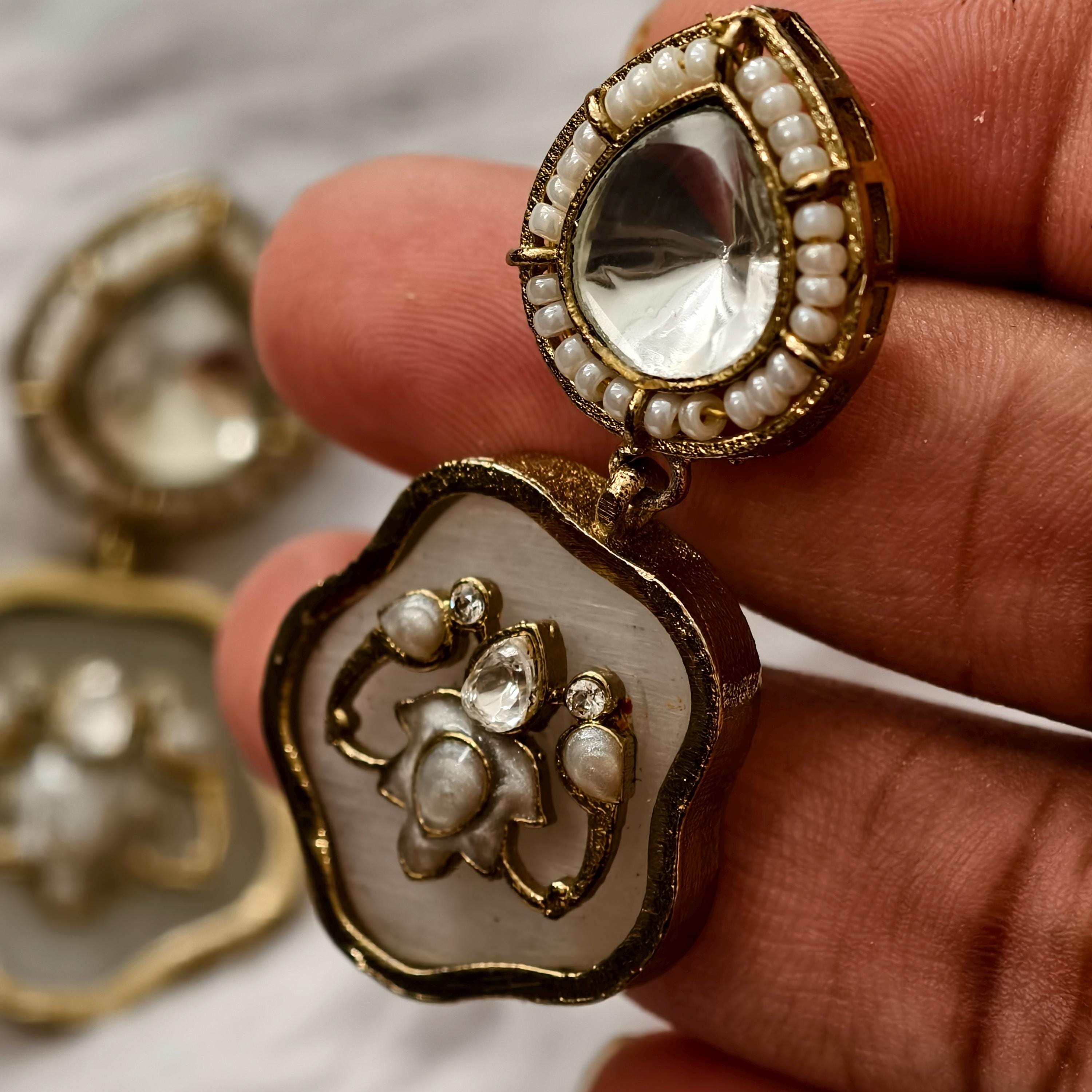 Mother of Pearl Floral Drop Earrings | Kundan Inlay Statement Jewelry
