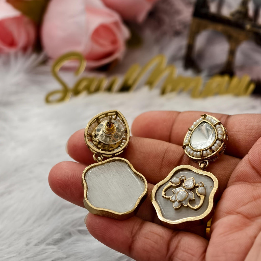 Mother of Pearl Floral Drop Earrings | Kundan Inlay Statement Jewelry