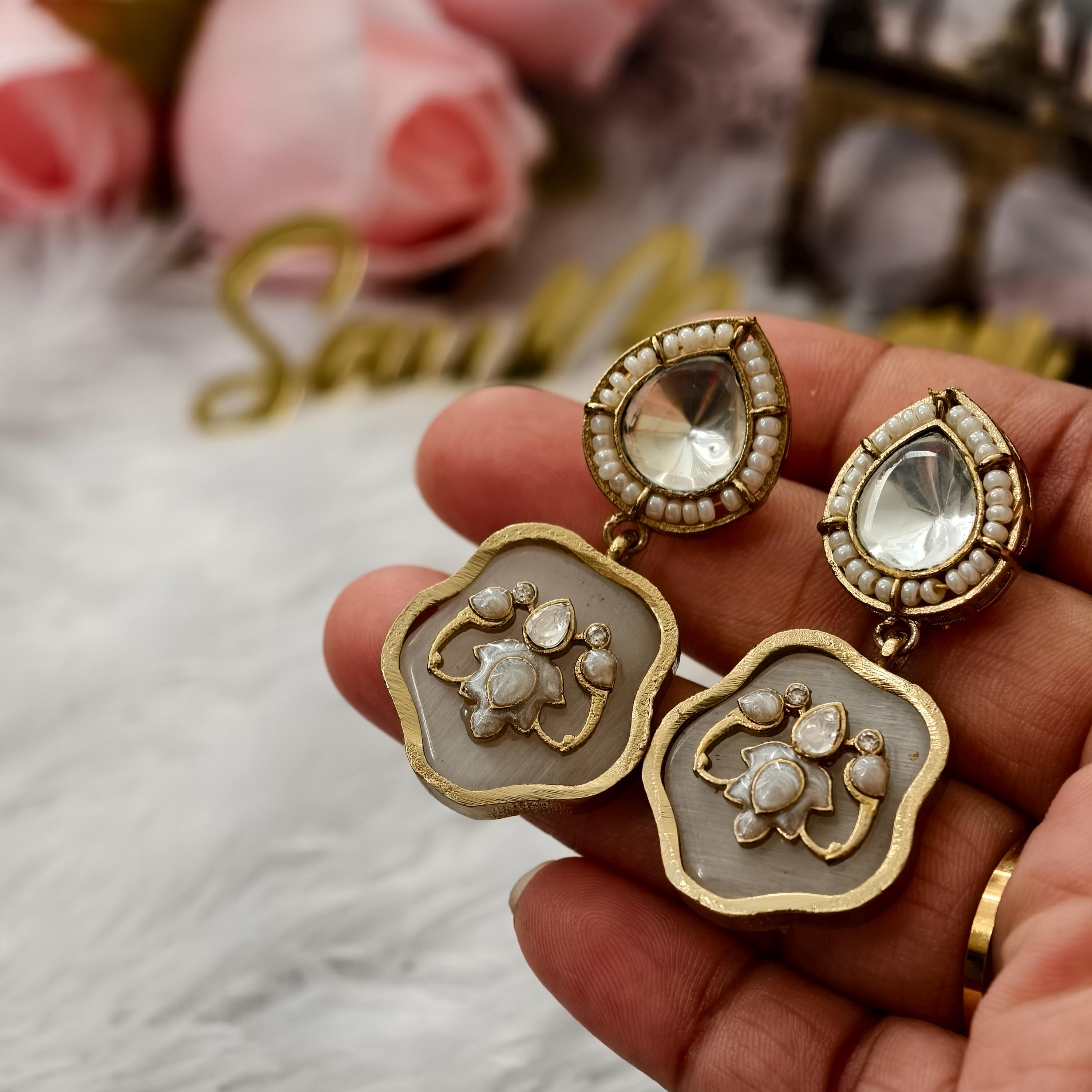 Mother of Pearl Floral Drop Earrings | Kundan Inlay Statement Jewelry