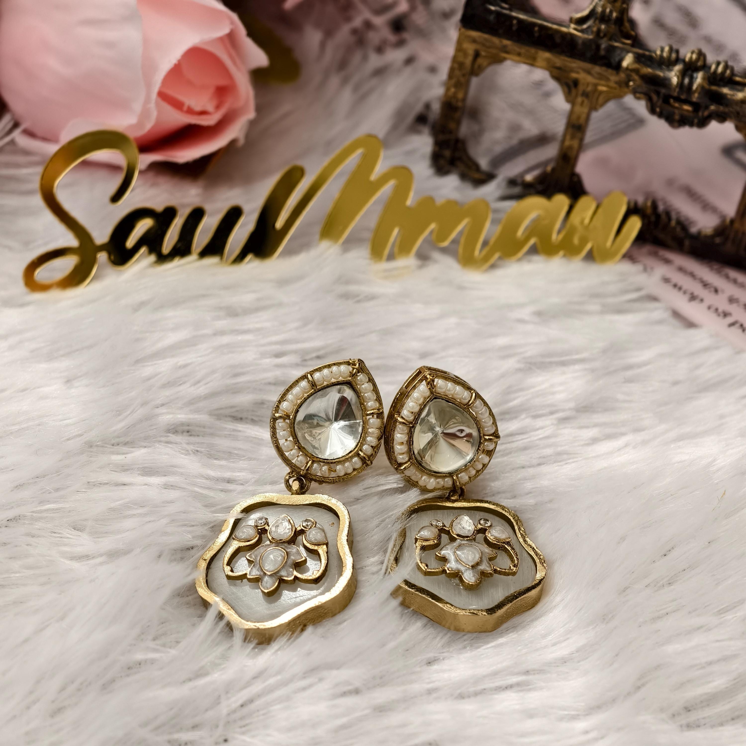 Mother of Pearl Floral Drop Earrings | Kundan Inlay Statement Jewelry