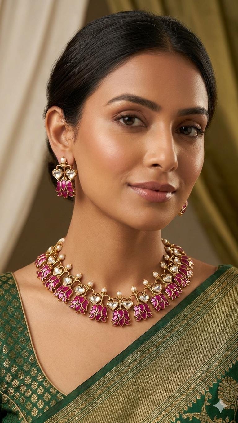 Pink Lotus Jadau Kundan Choker Necklace Set | Meenakari Floral Wedding Jewelry