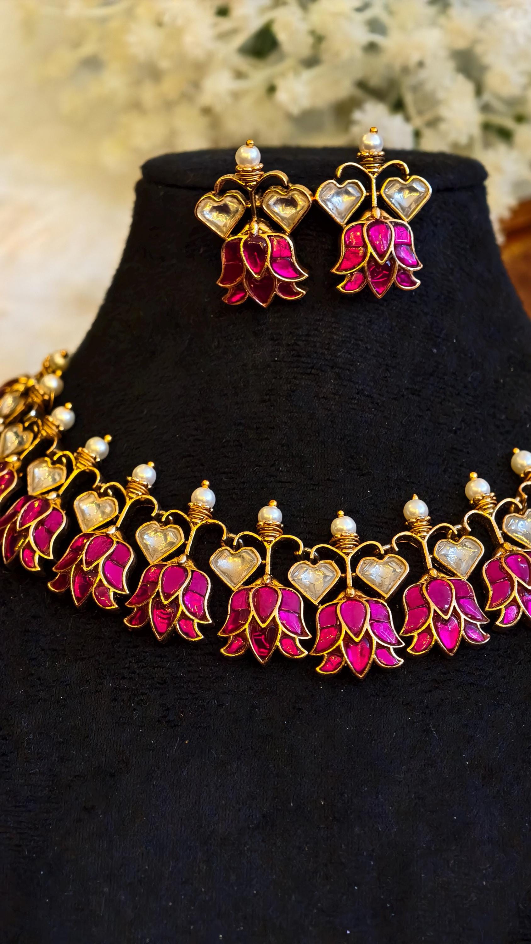 Pink Lotus Jadau Kundan Choker Necklace Set | Meenakari Floral Wedding Jewelry