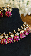 Pink Lotus Jadau Kundan Choker Necklace Set | Meenakari Floral Wedding Jewelry