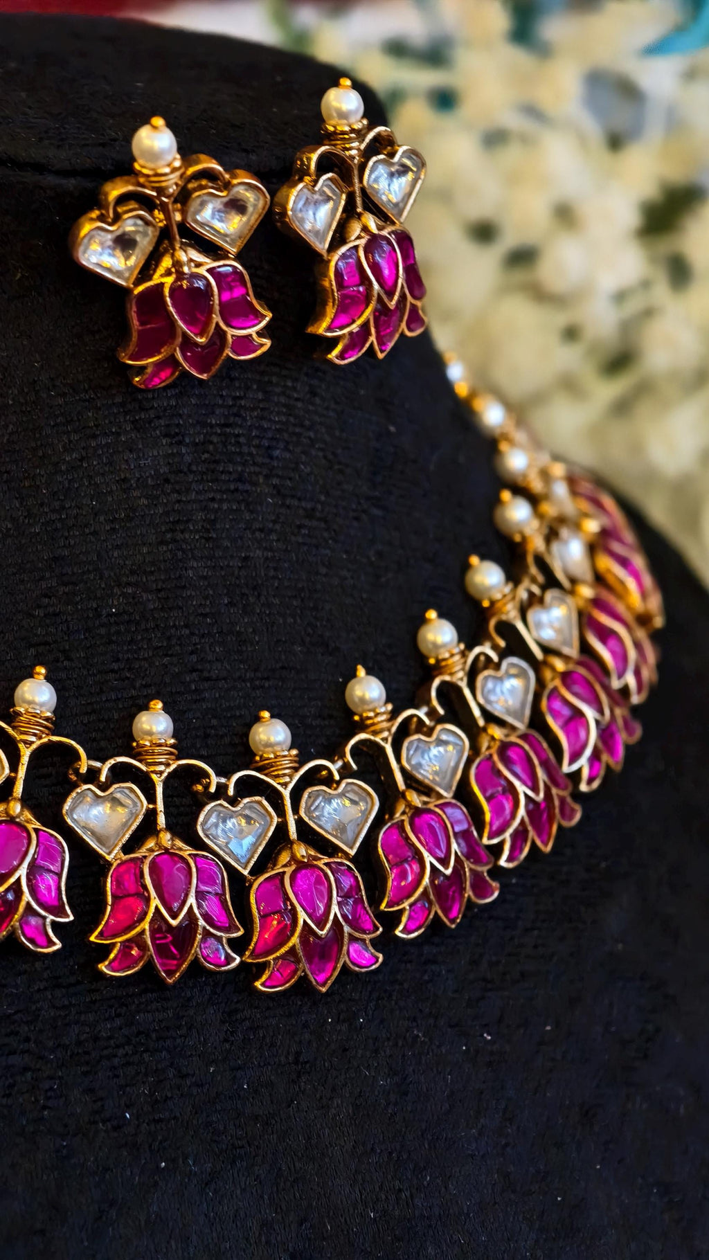 Pink Lotus Jadau Kundan Choker Necklace Set | Meenakari Floral Wedding Jewelry