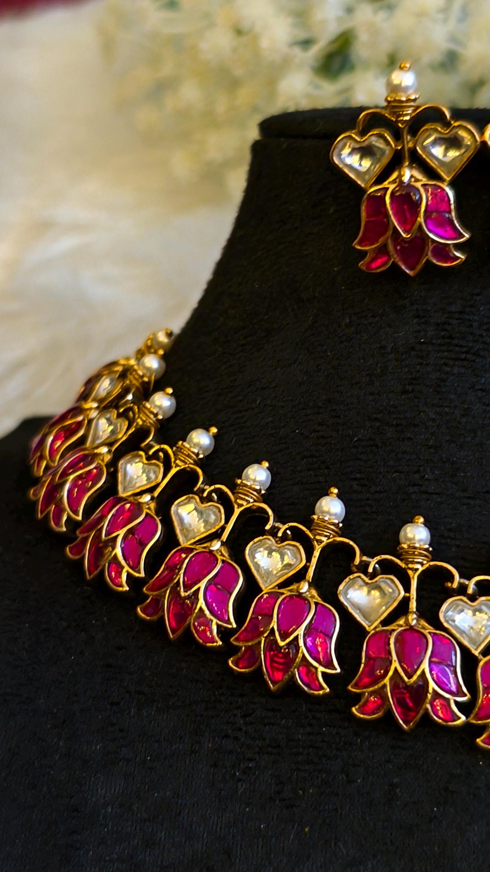 Pink Lotus Jadau Kundan Choker Necklace Set | Meenakari Floral Wedding Jewelry