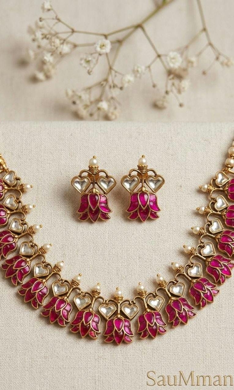Pink Lotus Jadau Kundan Choker Necklace Set | Meenakari Floral Wedding Jewelry