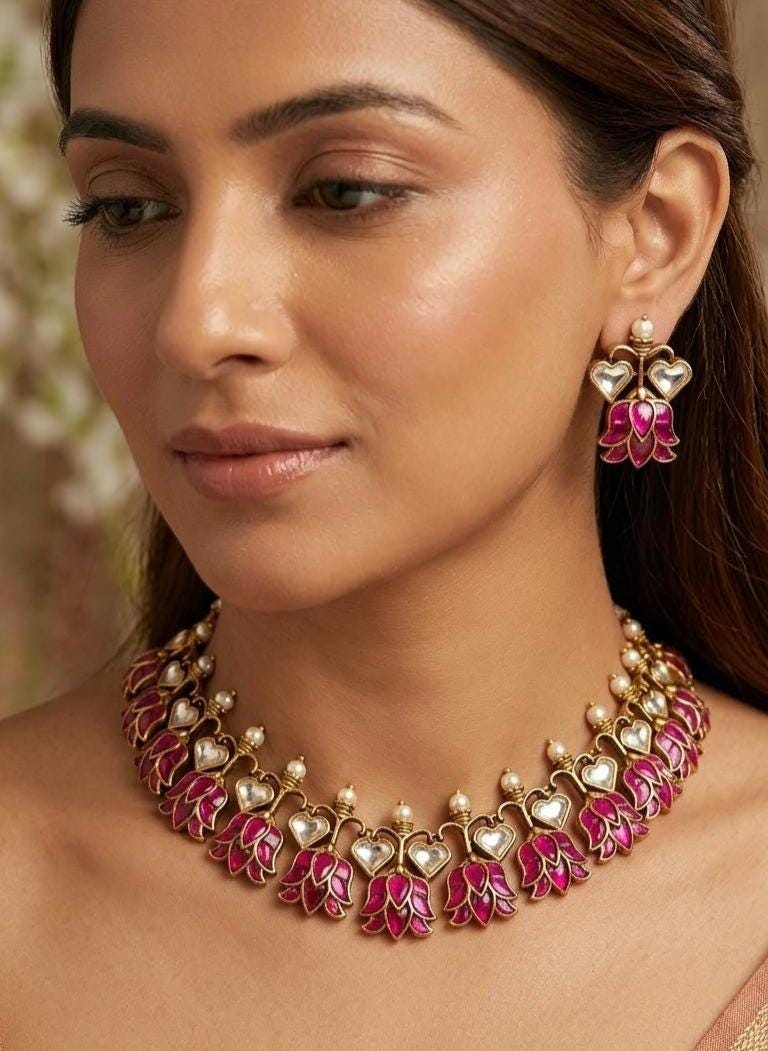 Pink Lotus Jadau Kundan Choker Necklace Set | Meenakari Floral Wedding Jewelry