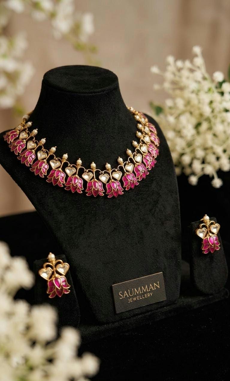 Pink Lotus Jadau Kundan Choker Necklace Set | Meenakari Floral Wedding Jewelry