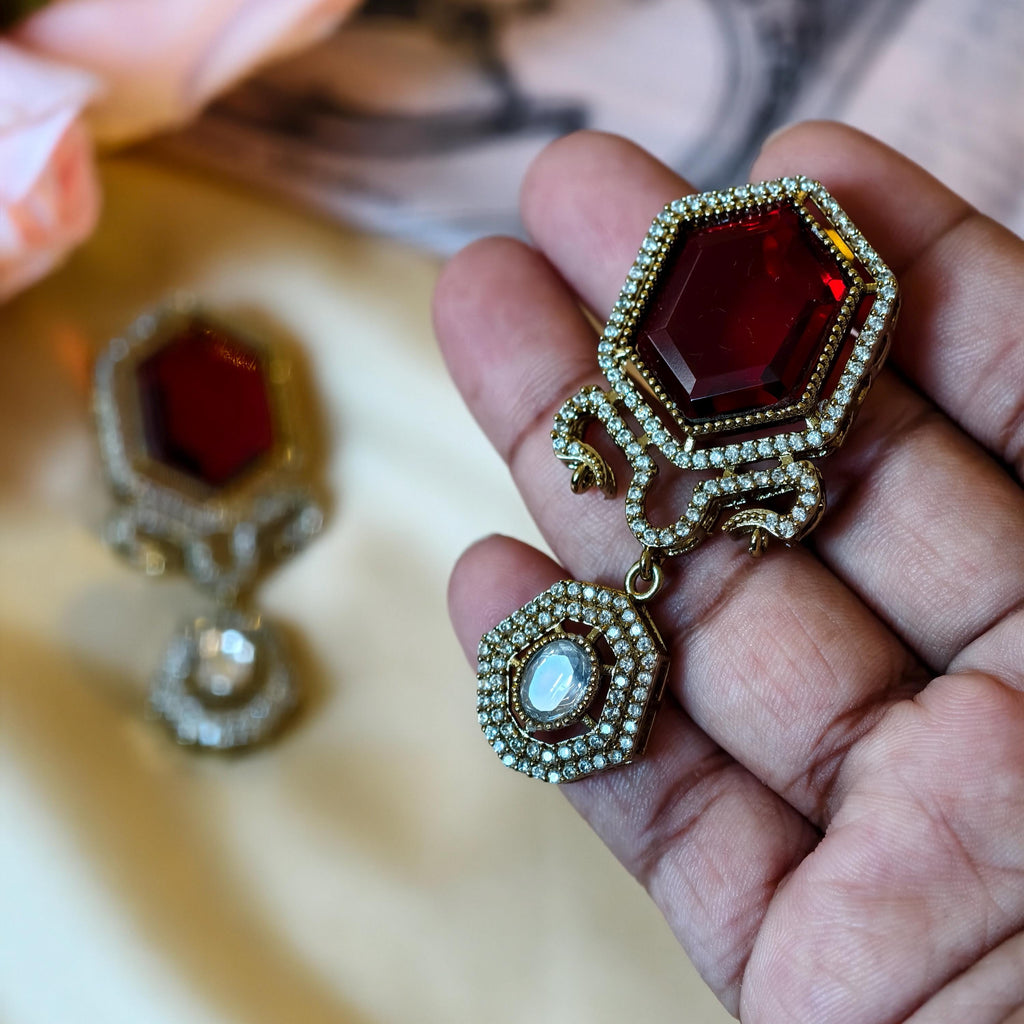 Sabyasachi Inspired Ruby Red Hexagon Drop Earrings | Victorian Polki Dangle Indian Bridal Jewelry