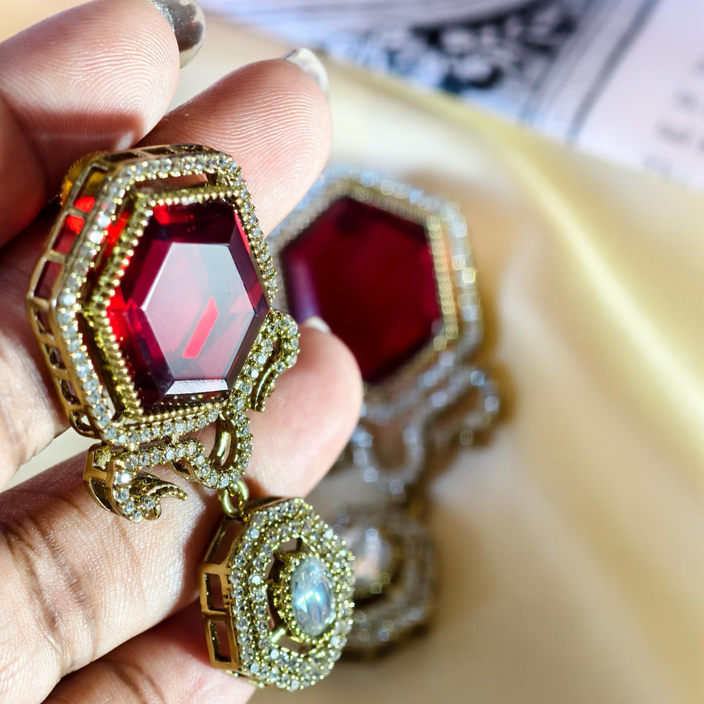 Sabyasachi Inspired Ruby Red Hexagon Drop Earrings | Victorian Polki Dangle Indian Bridal Jewelry