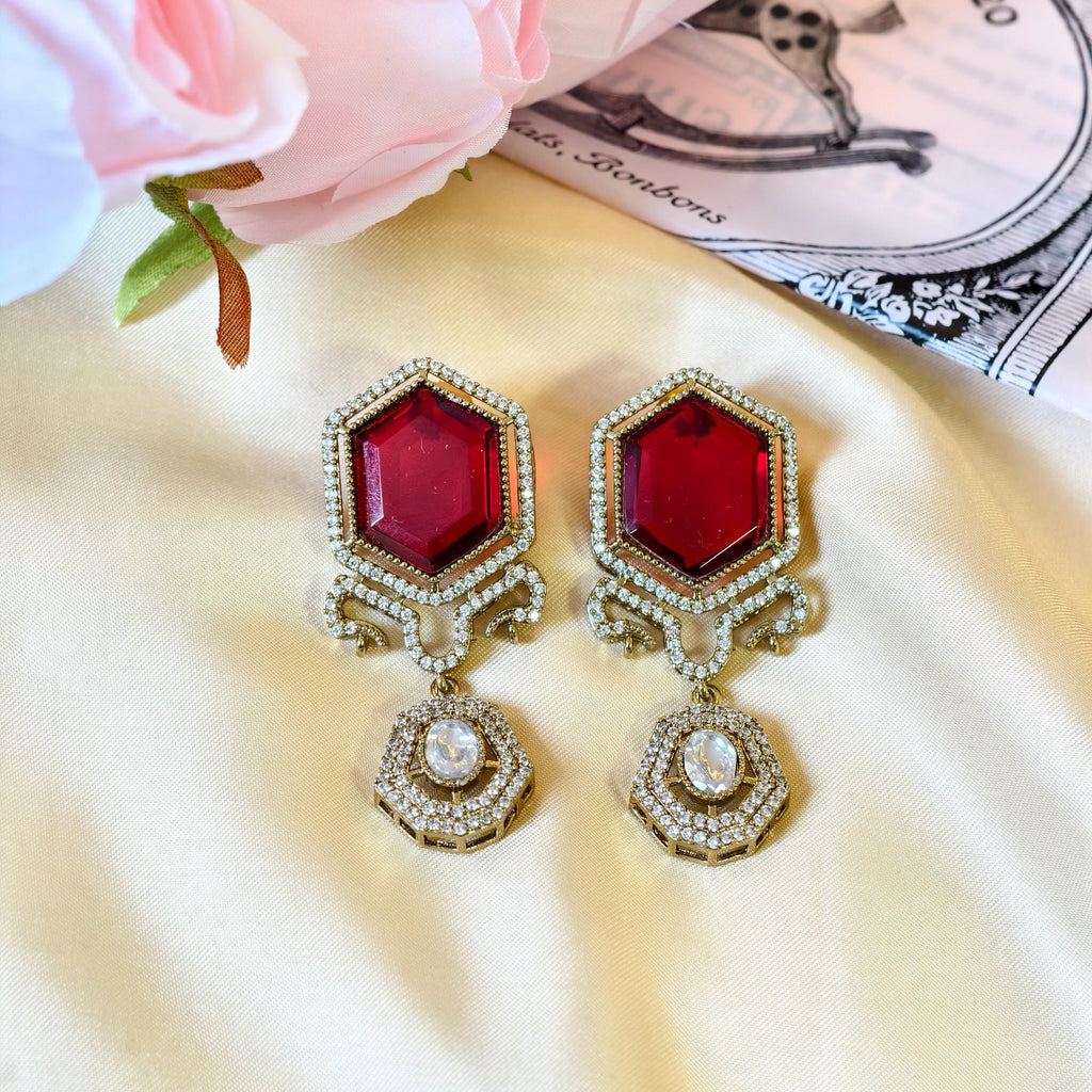 Sabyasachi Inspired Ruby Red Hexagon Drop Earrings | Victorian Polki Dangle Indian Bridal Jewelry