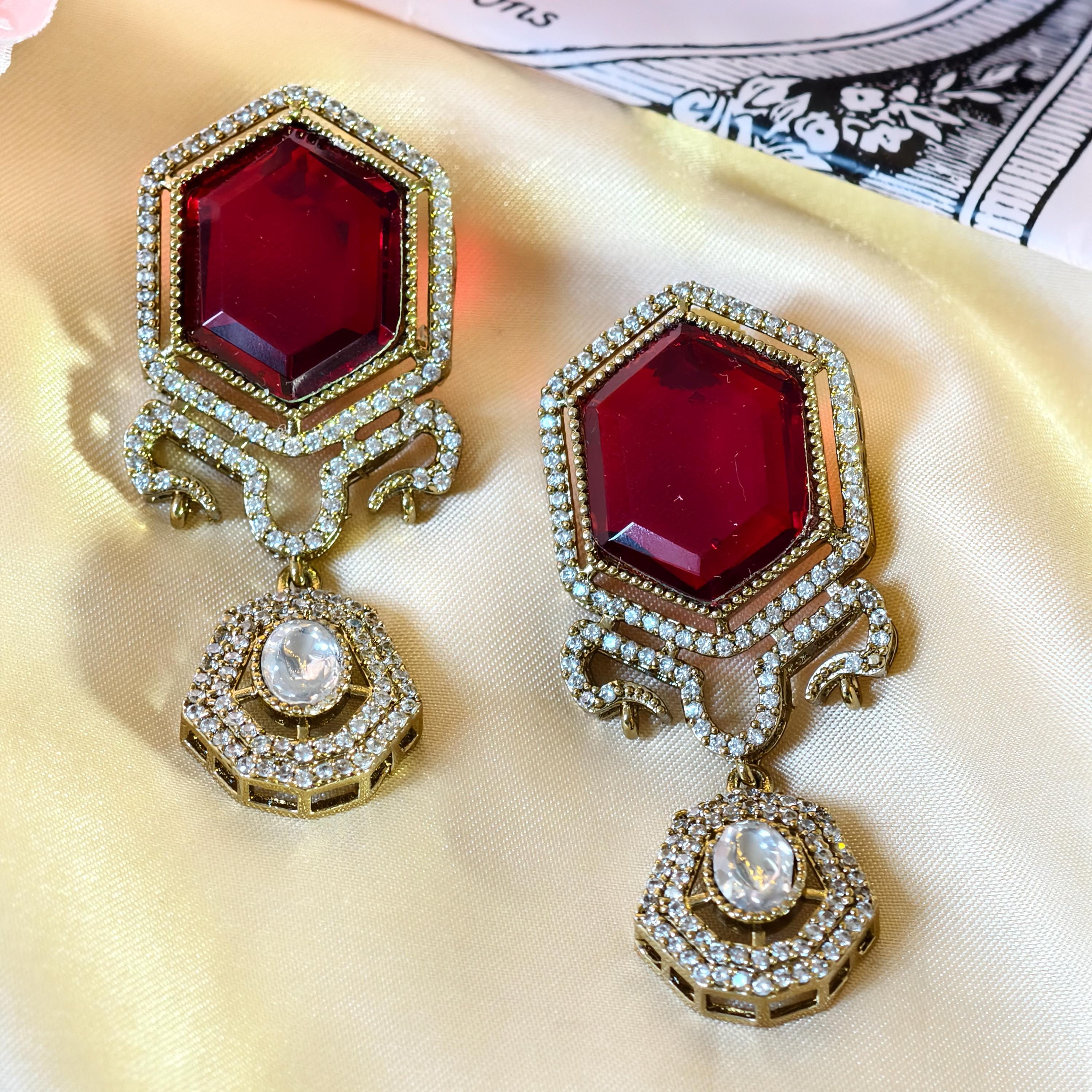 Sabyasachi Inspired Ruby Red Hexagon Drop Earrings | Victorian Polki Dangle Indian Bridal Jewelry