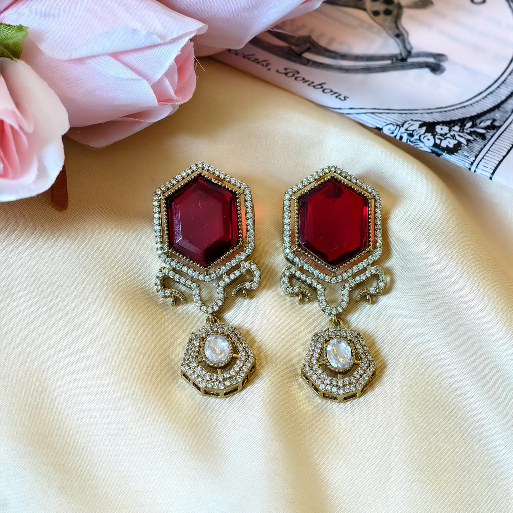 Sabyasachi Inspired Ruby Red Hexagon Drop Earrings | Victorian Polki Dangle Indian Bridal Jewelry