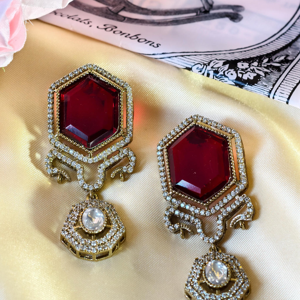 Sabyasachi Inspired Ruby Red Hexagon Drop Earrings | Victorian Polki Dangle Indian Bridal Jewelry