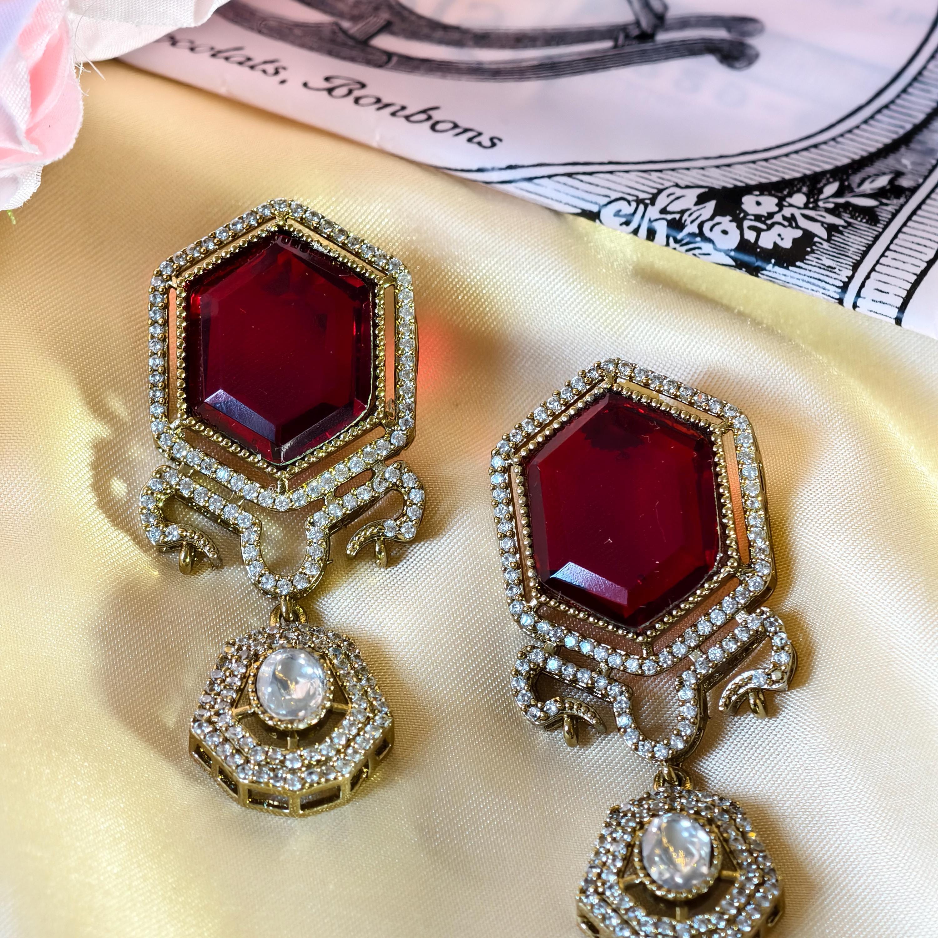 Sabyasachi Inspired Ruby Red Hexagon Drop Earrings | Victorian Polki Dangle Indian Bridal Jewelry