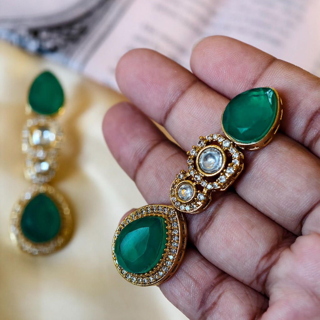 Emerald Green Kundan Drop Earrings, Gold Plated Indian Bridal Statement Dangles