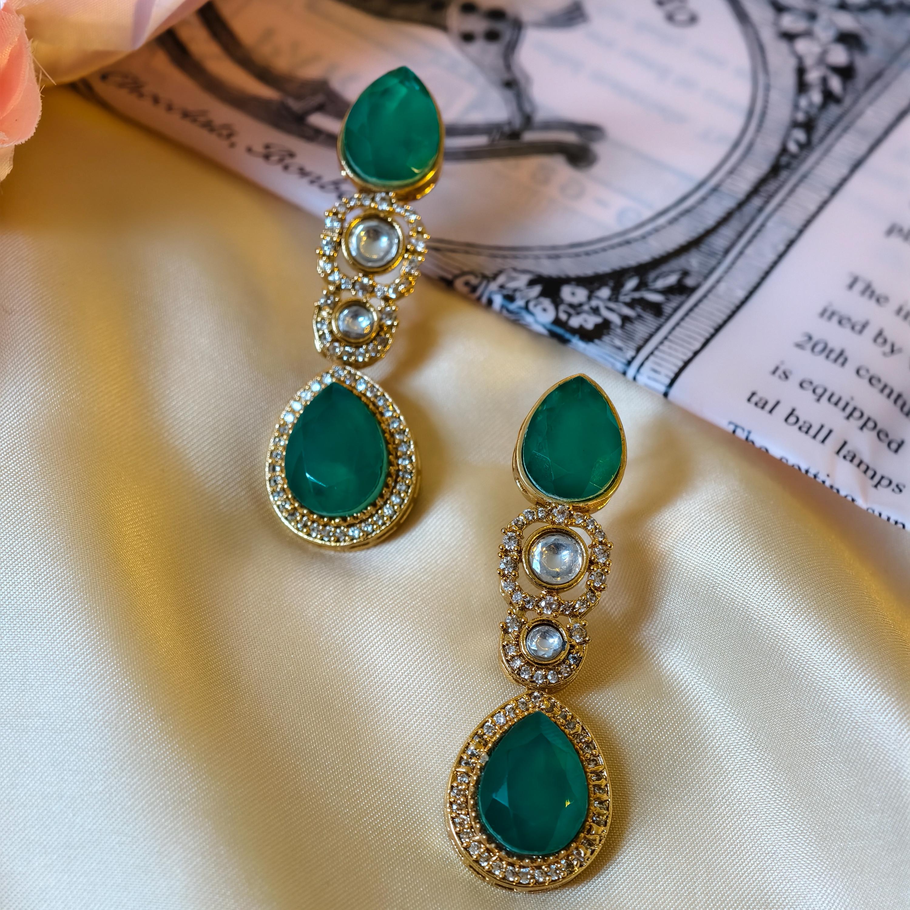 Emerald Green Kundan Drop Earrings, Gold Plated Indian Bridal Statement Dangles