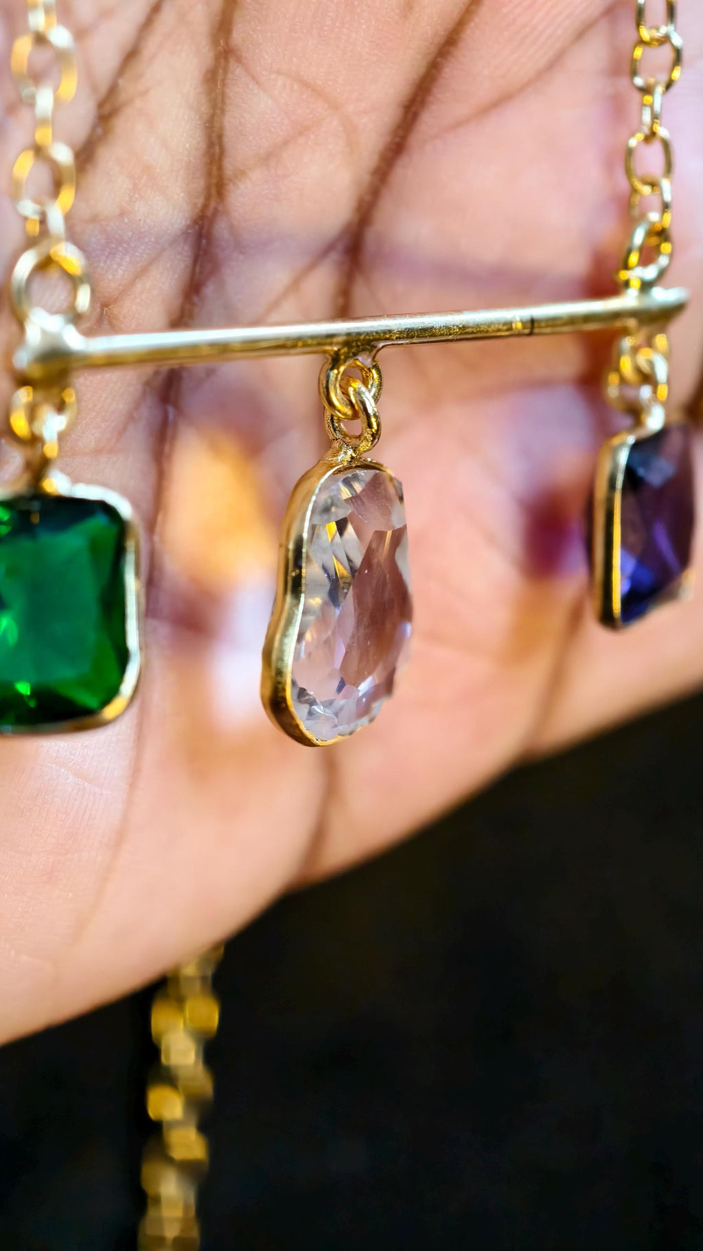 Multi-Gemstone Bar Necklace, Raw Emerald Sapphire Ruby Pendant, Gold-Toned Brass Chain, Boho Jewelry