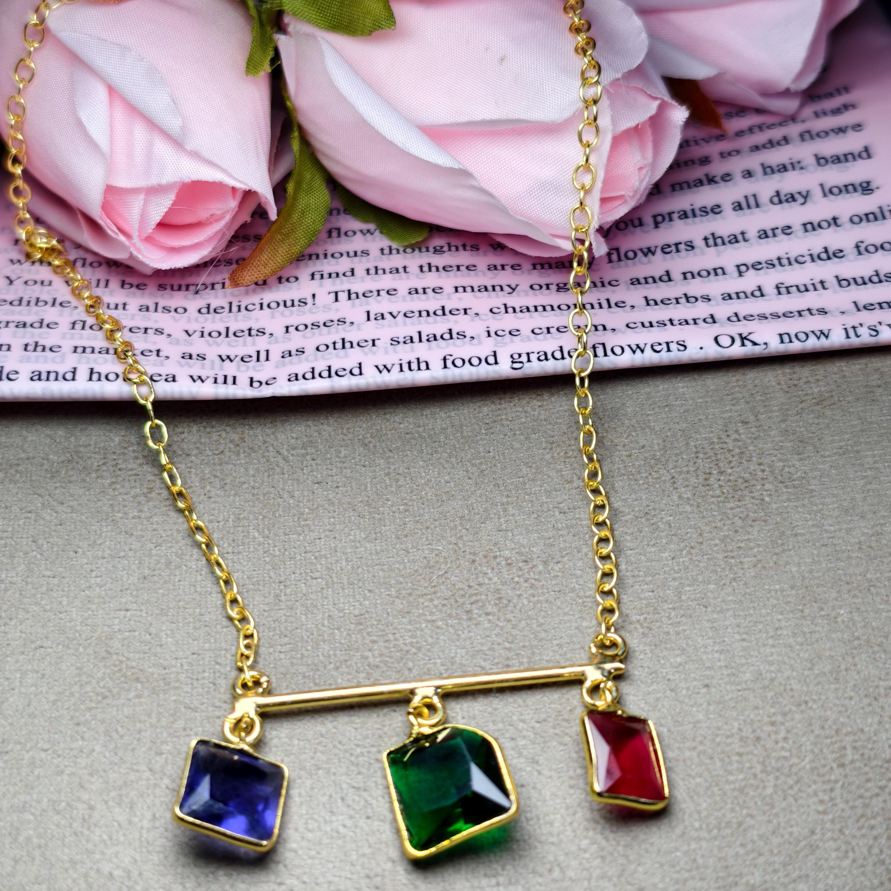 Multi-Gemstone Bar Necklace, Raw Emerald Sapphire Ruby Pendant, Gold-Toned Brass Chain, Boho Jewelry