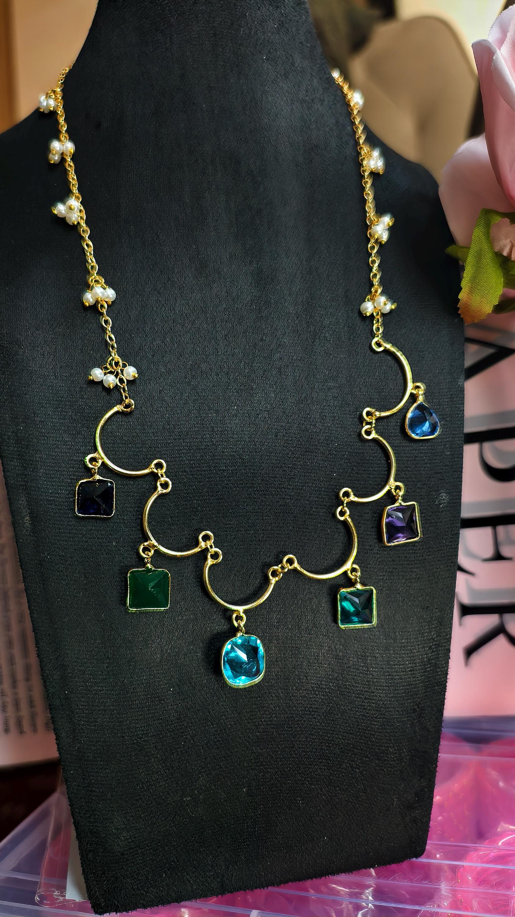 Multi-Gemstone Bar Necklace, Raw Emerald Sapphire Ruby Pendant, Gold-Toned Brass Chain, Boho Jewelry