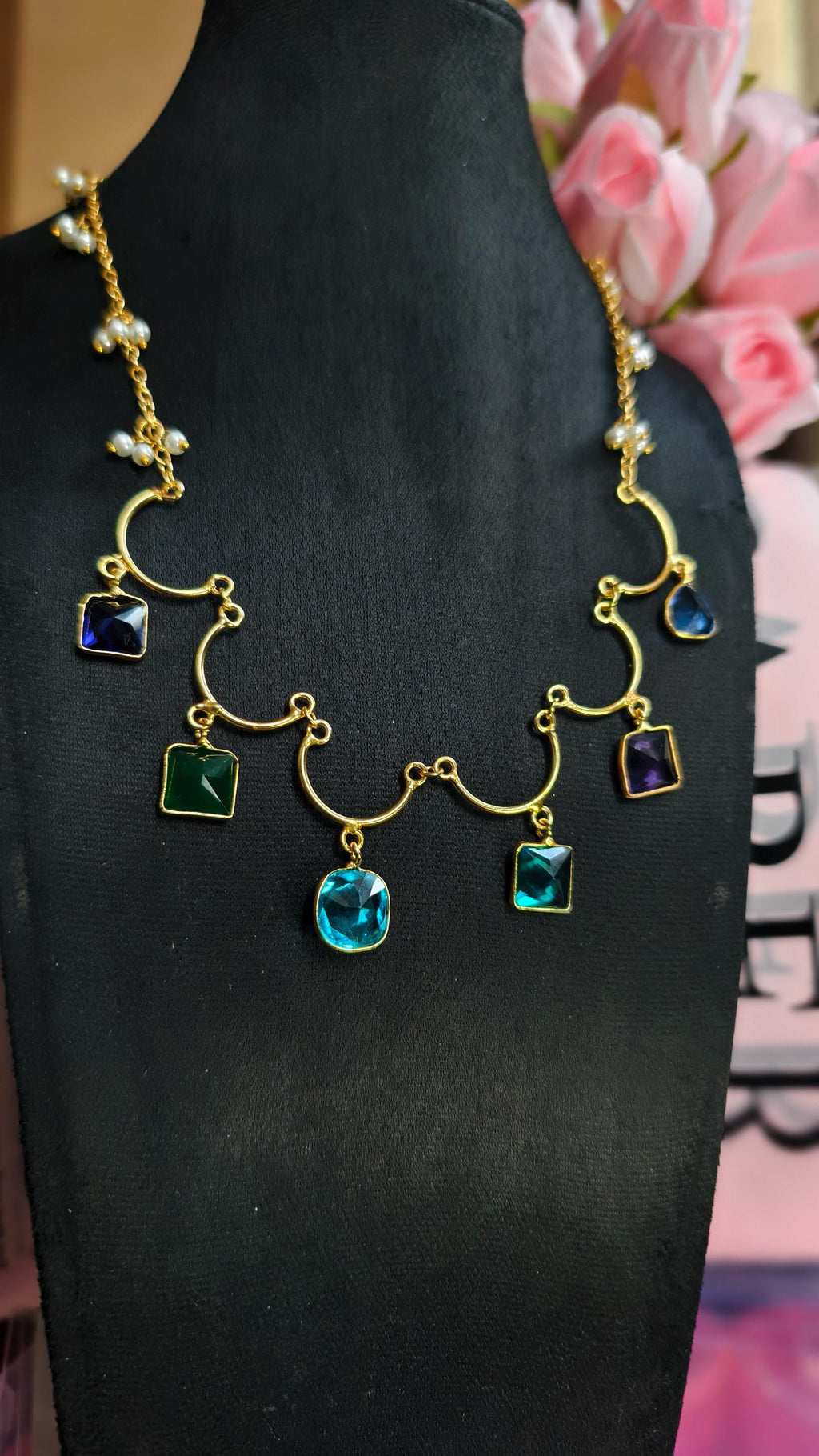 Multi-Gemstone Bar Necklace, Raw Emerald Sapphire Ruby Pendant, Gold-Toned Brass Chain, Boho Jewelry
