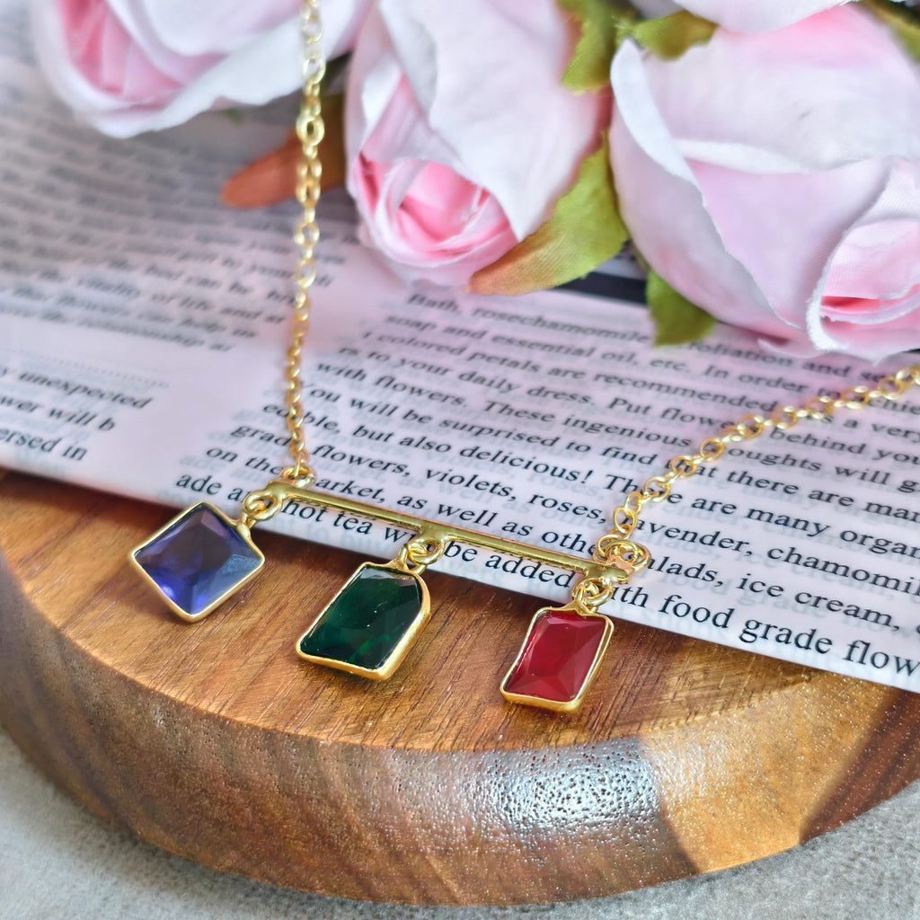Multi-Gemstone Bar Necklace, Raw Emerald Sapphire Ruby Pendant, Gold-Toned Brass Chain, Boho Jewelry