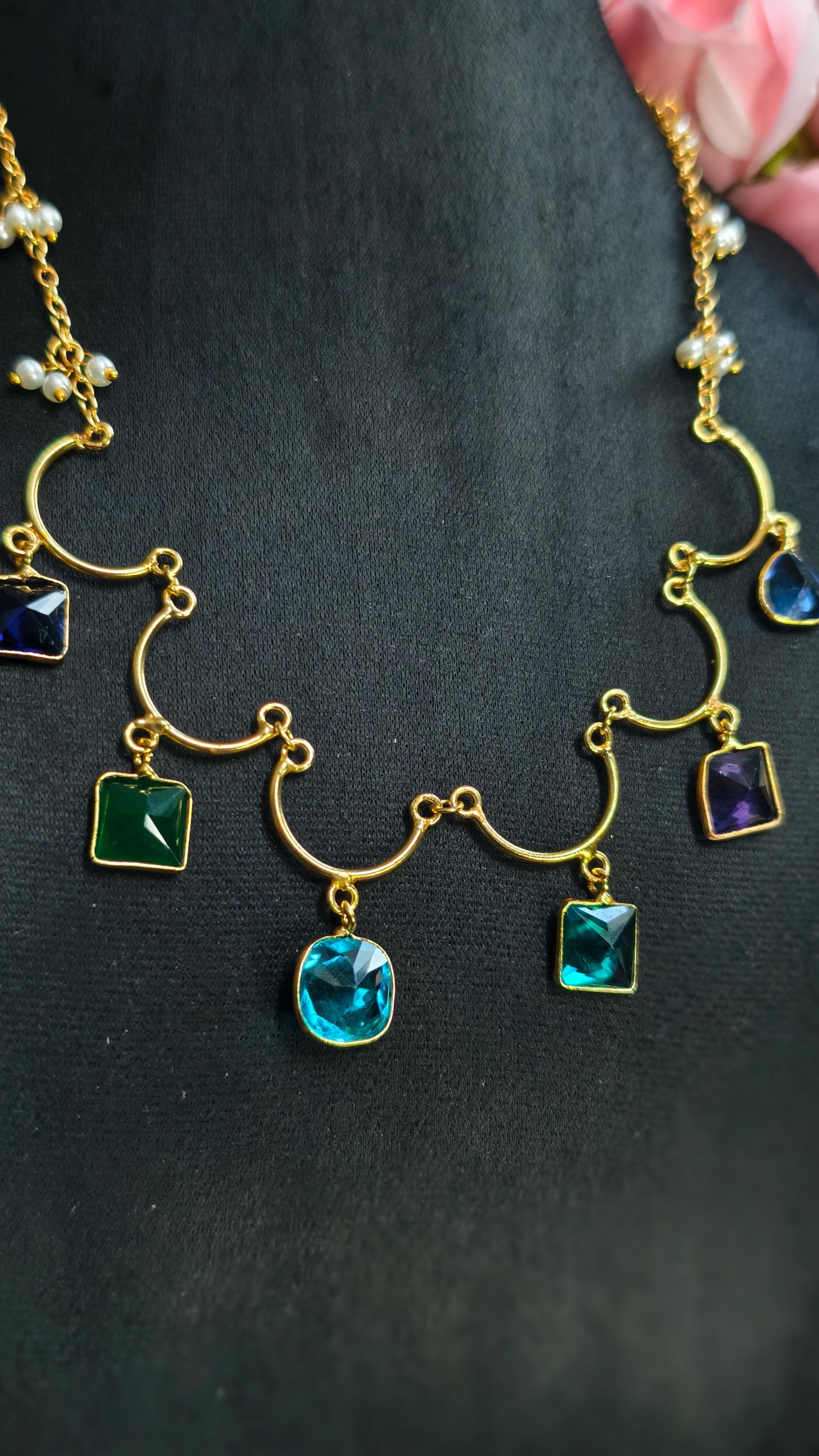 Multi-Gemstone Bar Necklace, Raw Emerald Sapphire Ruby Pendant, Gold-Toned Brass Chain, Boho Jewelry