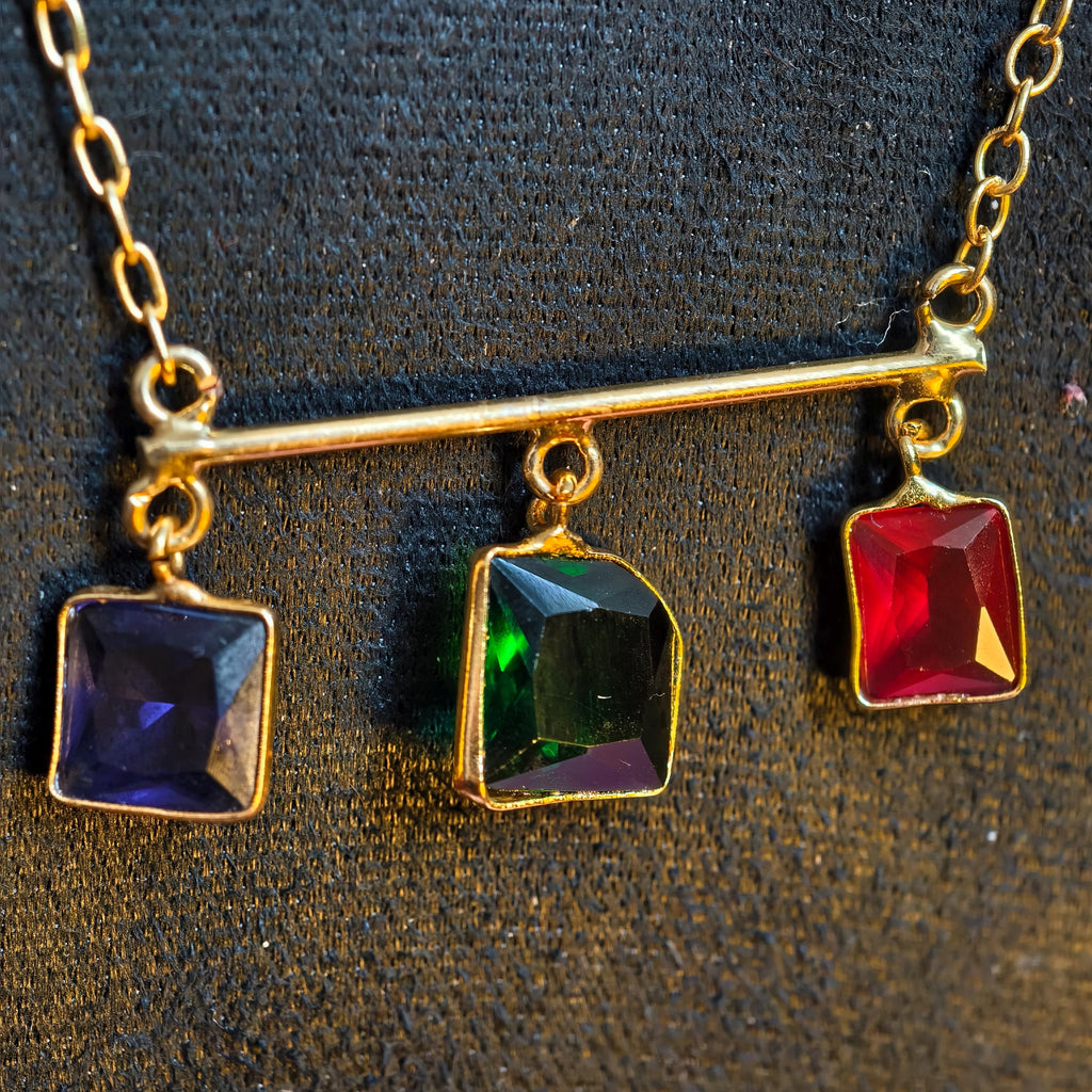 Multi-Gemstone Bar Necklace, Raw Emerald Sapphire Ruby Pendant, Gold-Toned Brass Chain, Boho Jewelry