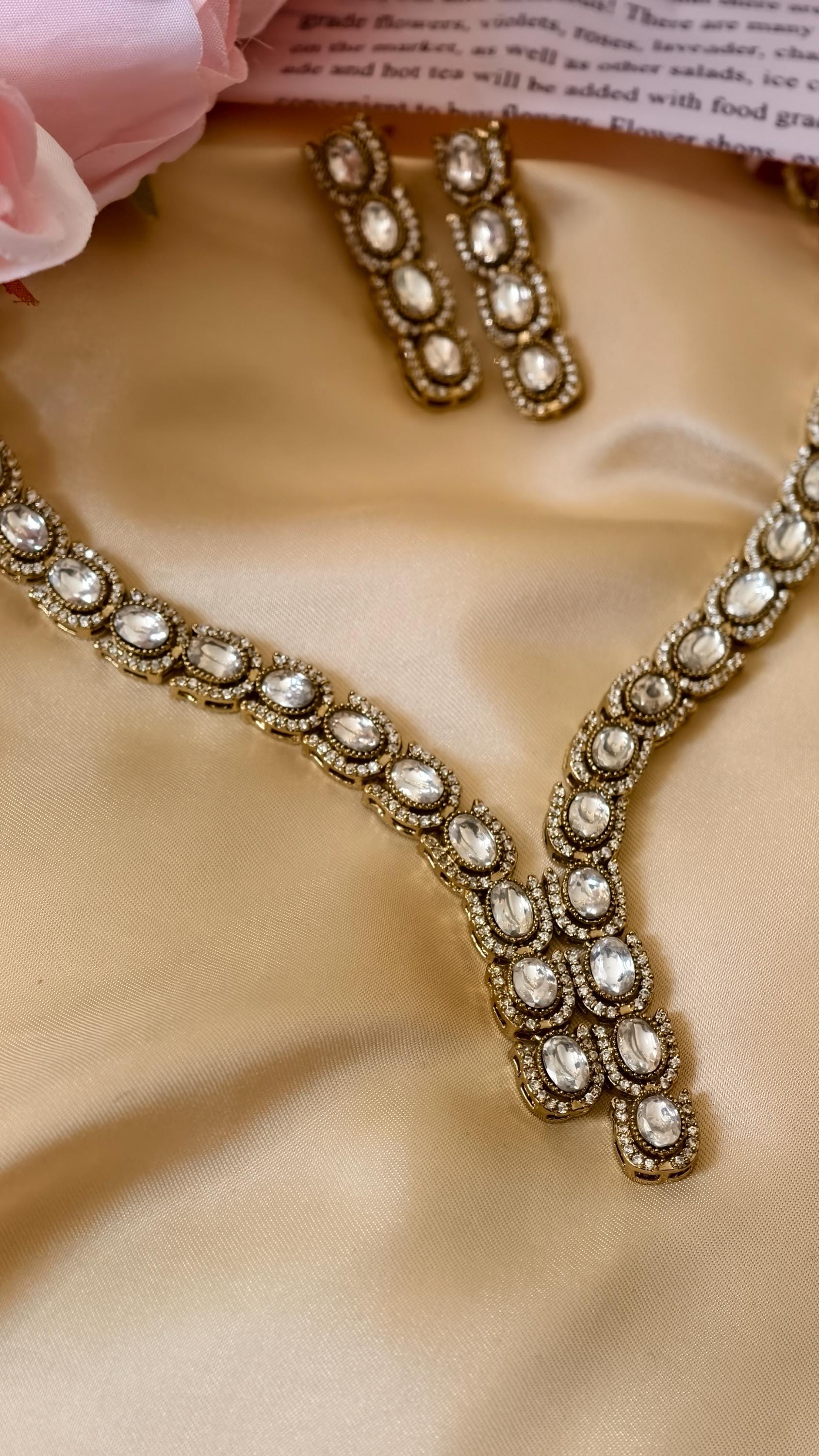 Antique Gold Kundan Necklace Set | Polki Style Bridal Earrings, Indian Wedding Jewelry