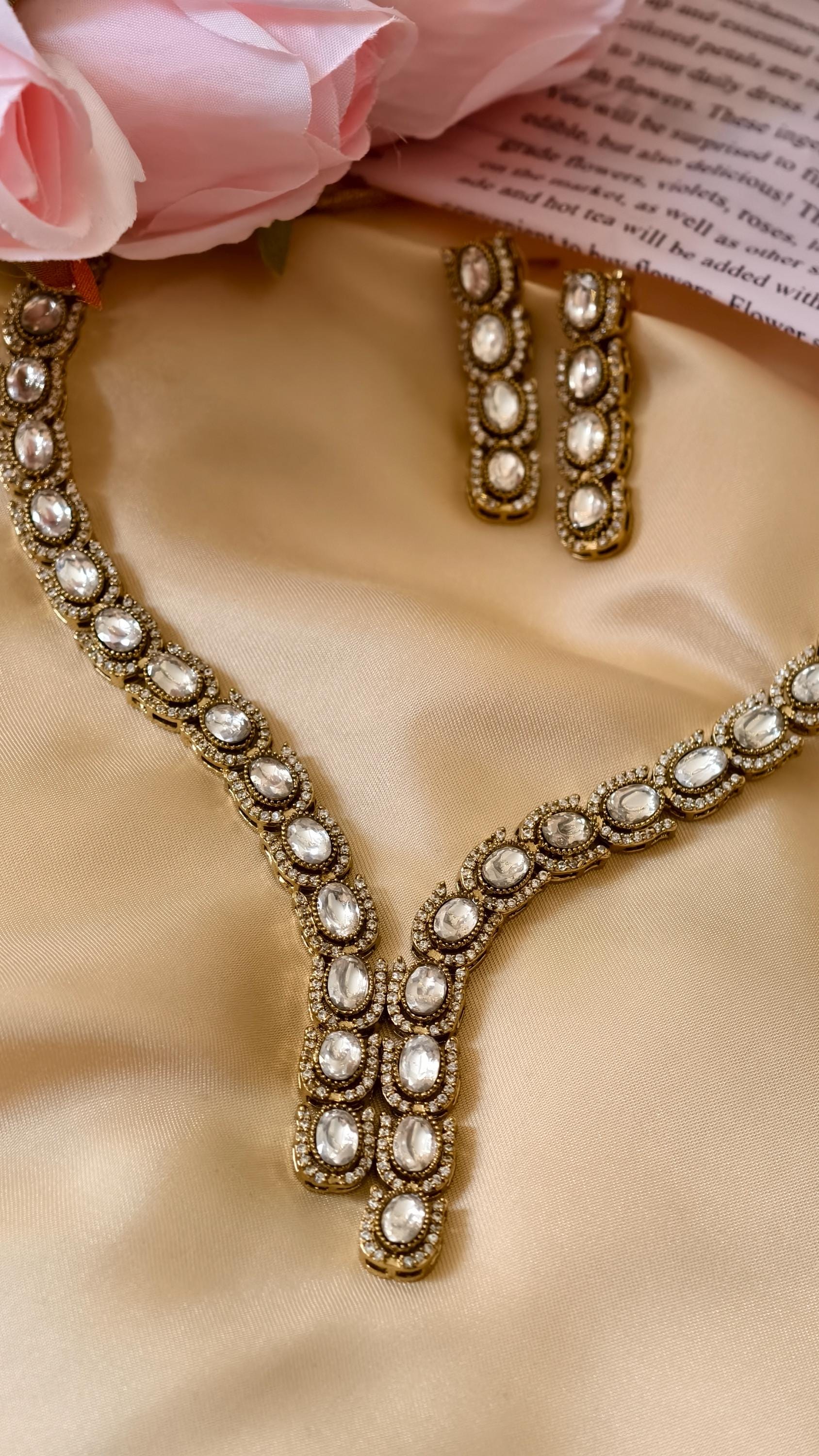 Antique Gold Kundan Necklace Set | Polki Style Bridal Earrings, Indian Wedding Jewelry