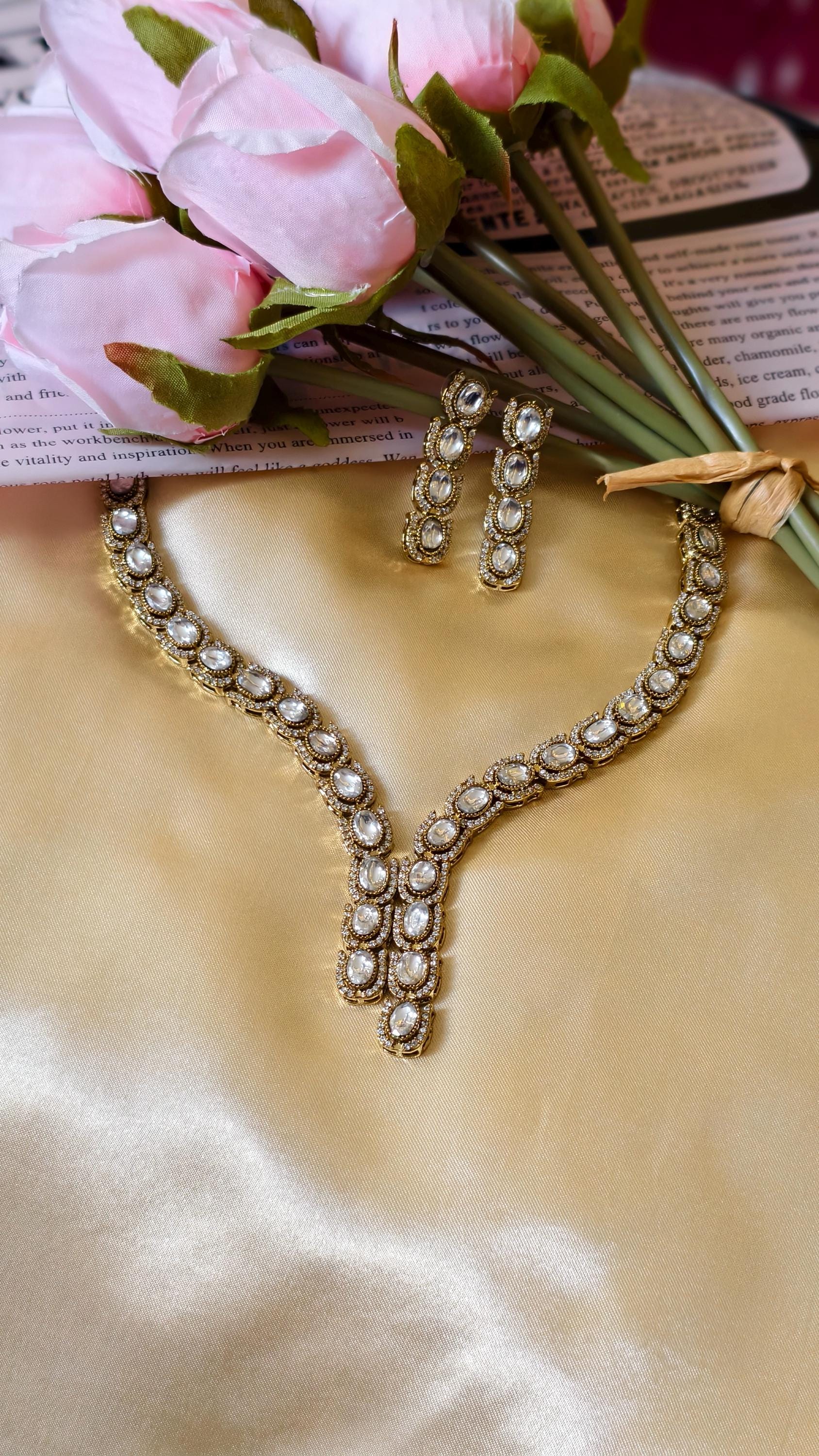 Antique Gold Kundan Necklace Set | Polki Style Bridal Earrings, Indian Wedding Jewelry