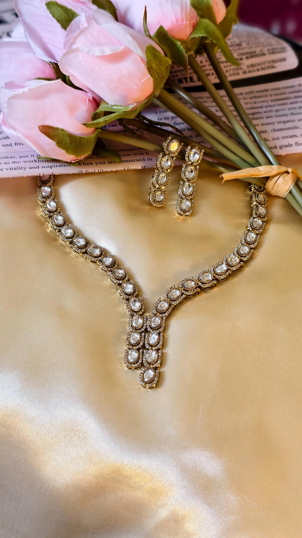 Antique Gold Kundan Necklace Set | Polki Style Bridal Earrings, Indian Wedding Jewelry