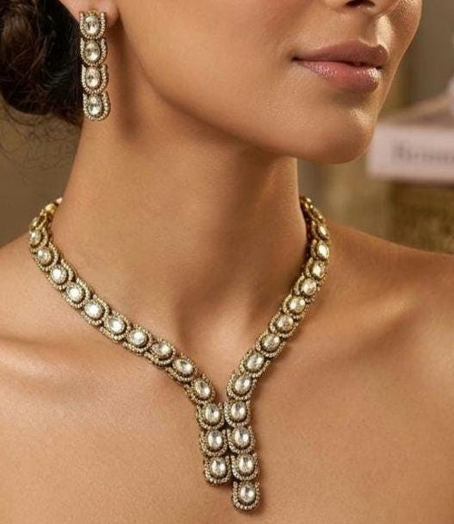 Antique Gold Kundan Necklace Set | Polki Style Bridal Earrings, Indian Wedding Jewelry