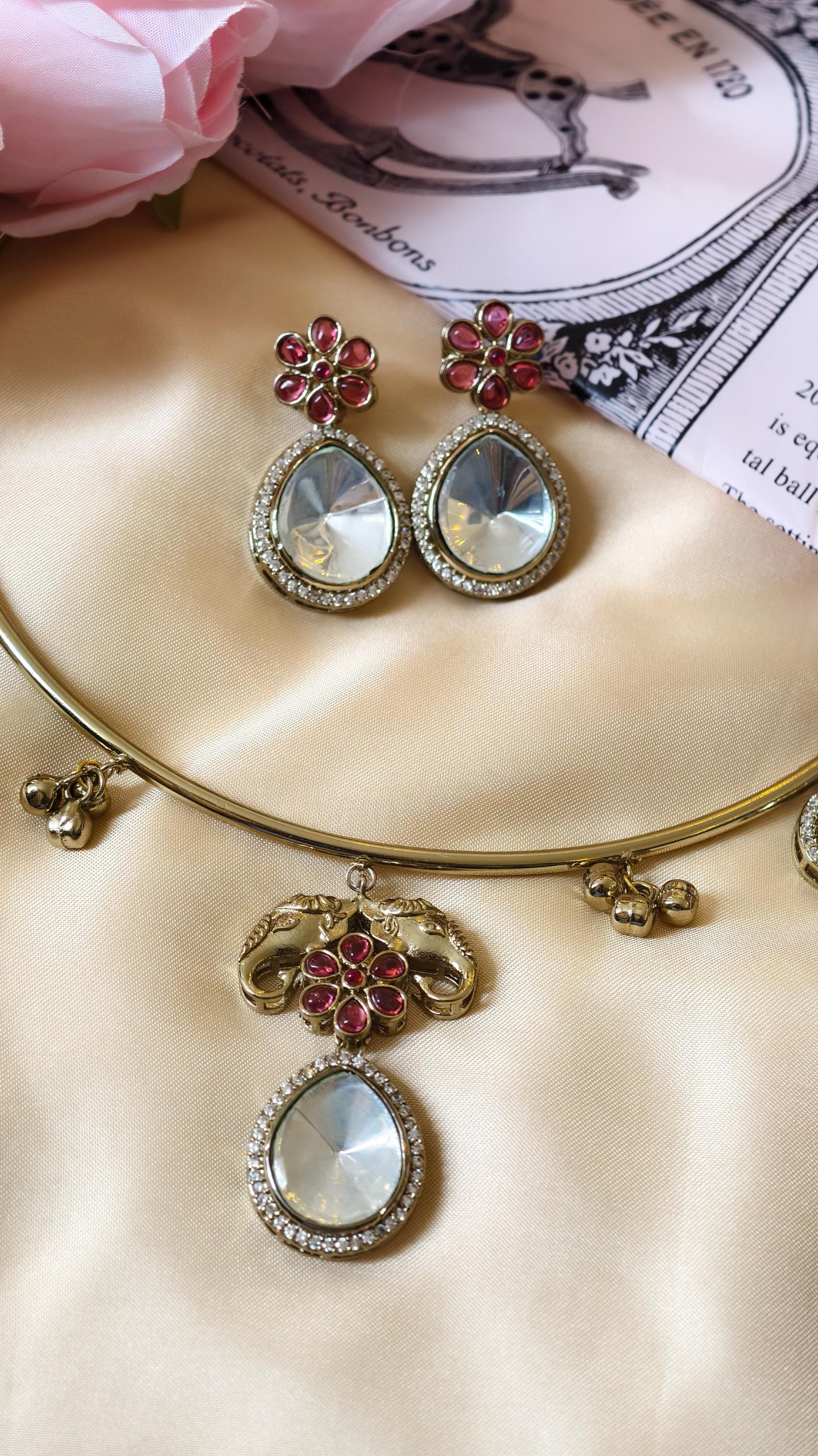 Gold Plated Elephant Hasli Necklace Set  Kundan Polki Choker  Traditional Indian Wedding Jewelry