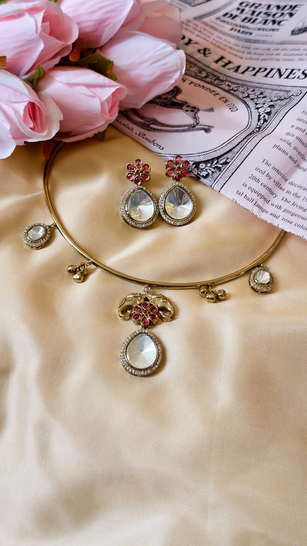 Gold Plated Elephant Hasli Necklace Set  Kundan Polki Choker  Traditional Indian Wedding Jewelry