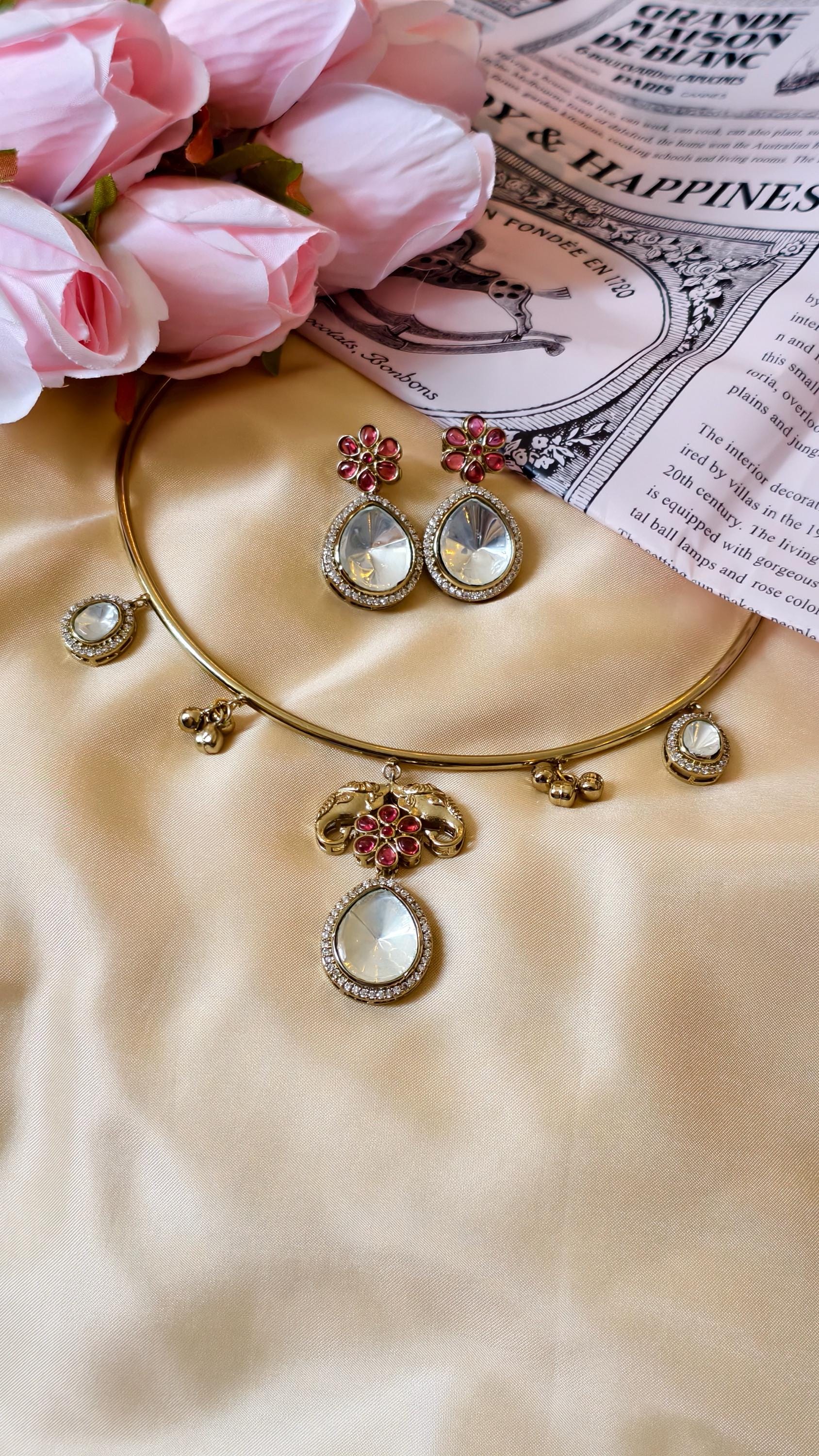 Gold Plated Elephant Hasli Necklace Set  Kundan Polki Choker  Traditional Indian Wedding Jewelry